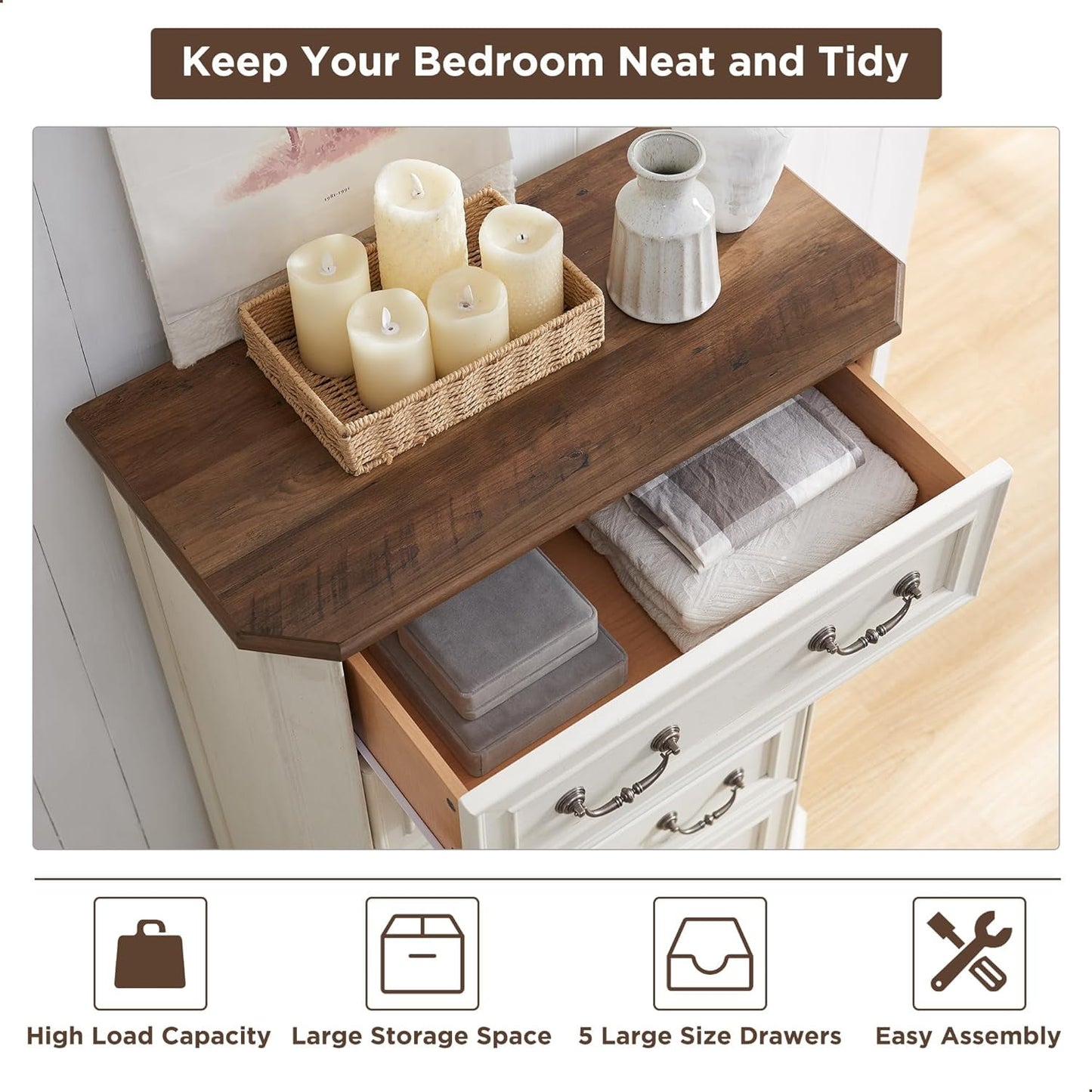 OKD 5 Drawers Dresser Chests for Bedroom, Farmhouse Wood Rustic Tall Chest of Drawers, Organizer for Living Room, Antique White