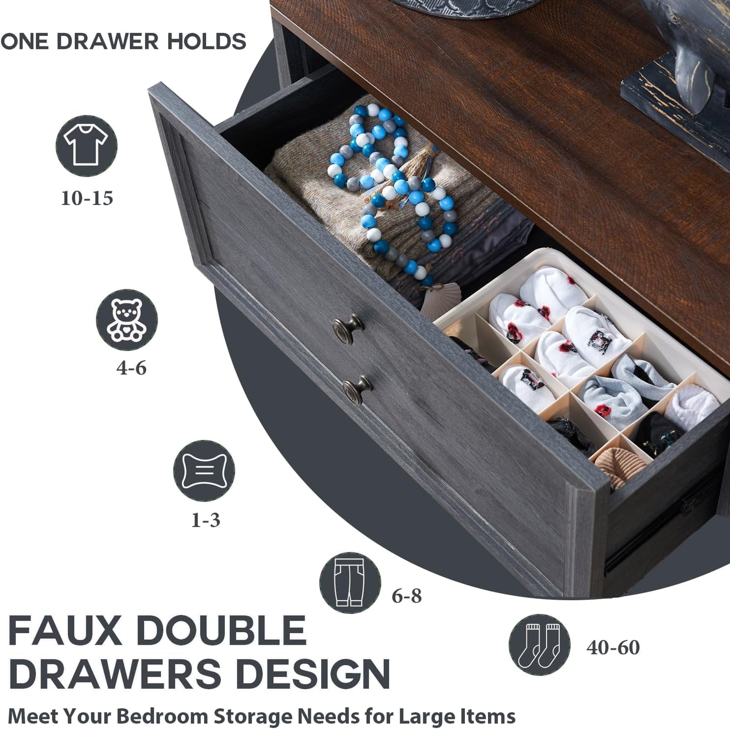 SinCiDo Farmhouse Dresser, Wooden 6 Drawer, Rustic Tall Storage Organizer, Dark Grey