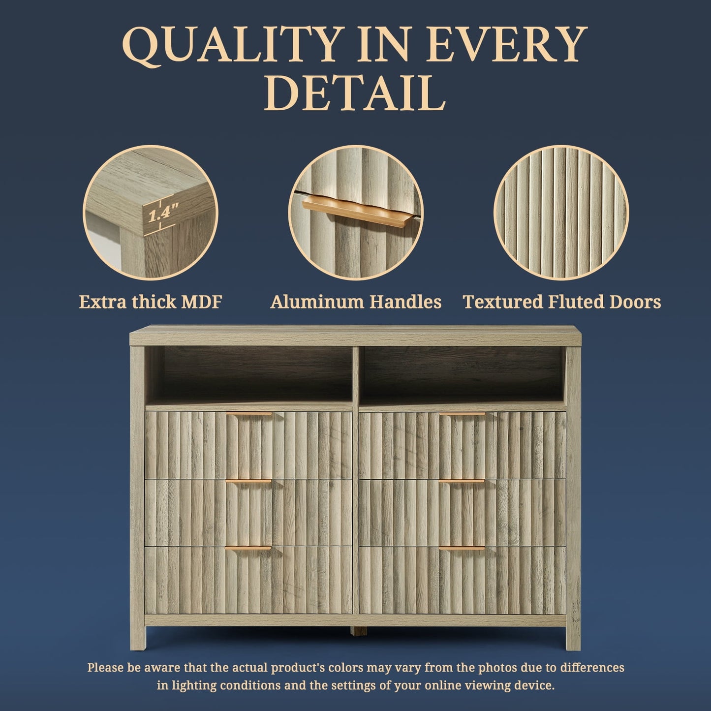 OAKHAM Modern 6 Drawer Dresser, Natural Wooden Fluted Chest of Drawers for Bedroom & Living Room, Sunwashed Ash Oak