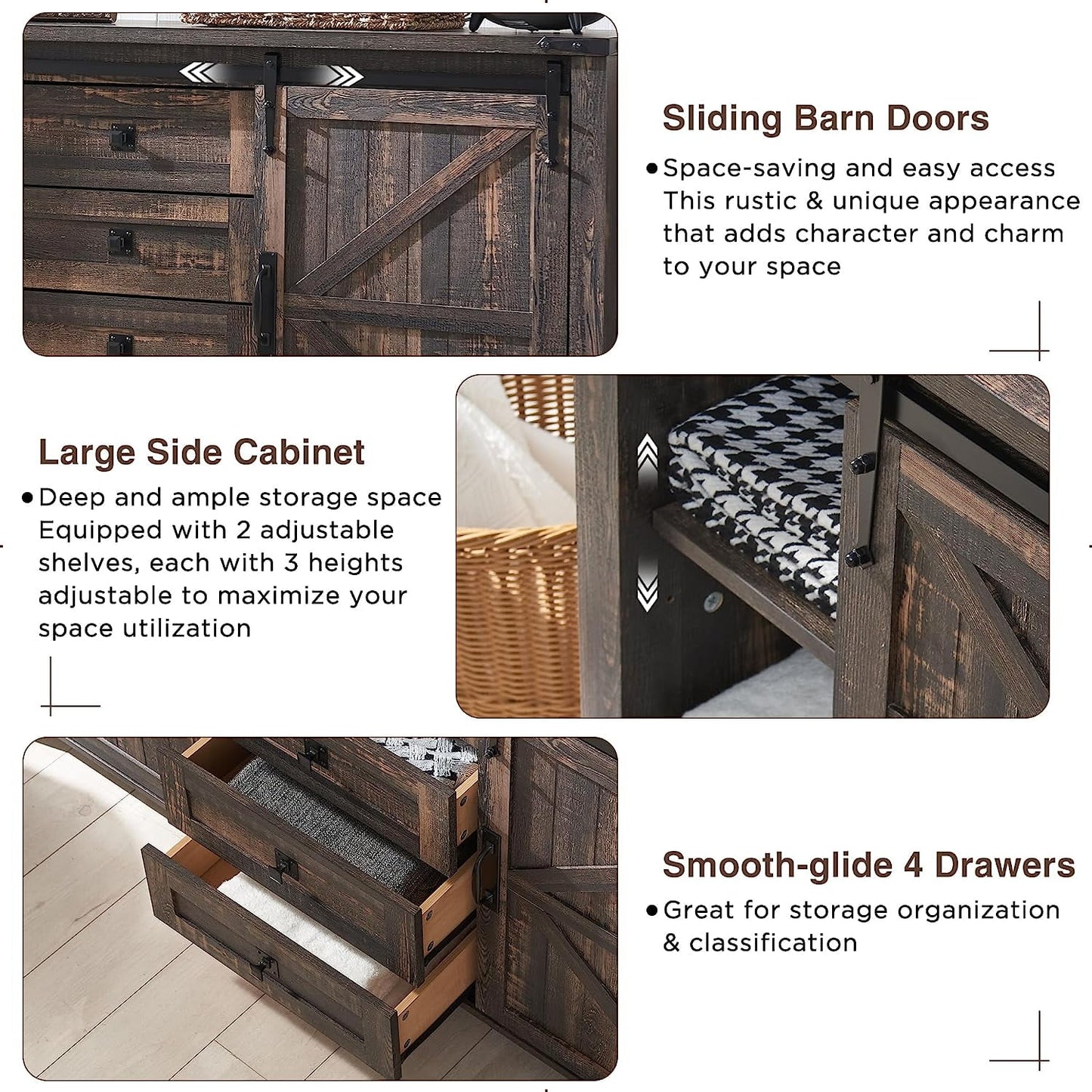 OKD 60in Farmhouse Dresser 4 Drawer Modern Storage Cabinet with Sliding Barn Door for Bedroom, Chest of Drawers Wood Organizer TV Stand for Living Room, Dark Rustic Oak