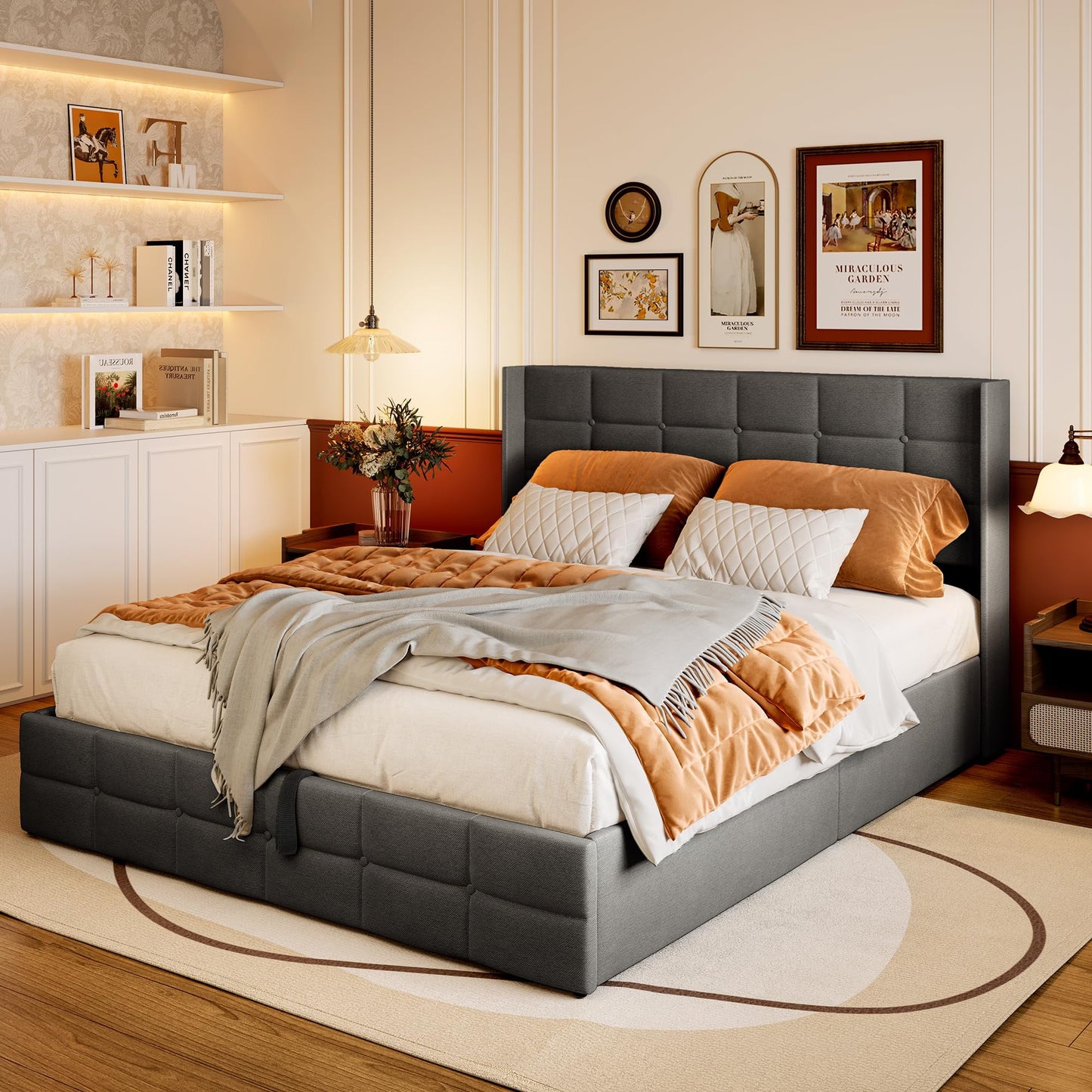 Lofka Gray Queen Size Lift Up Platform Bed Frame with Wingback Headboard and Storage