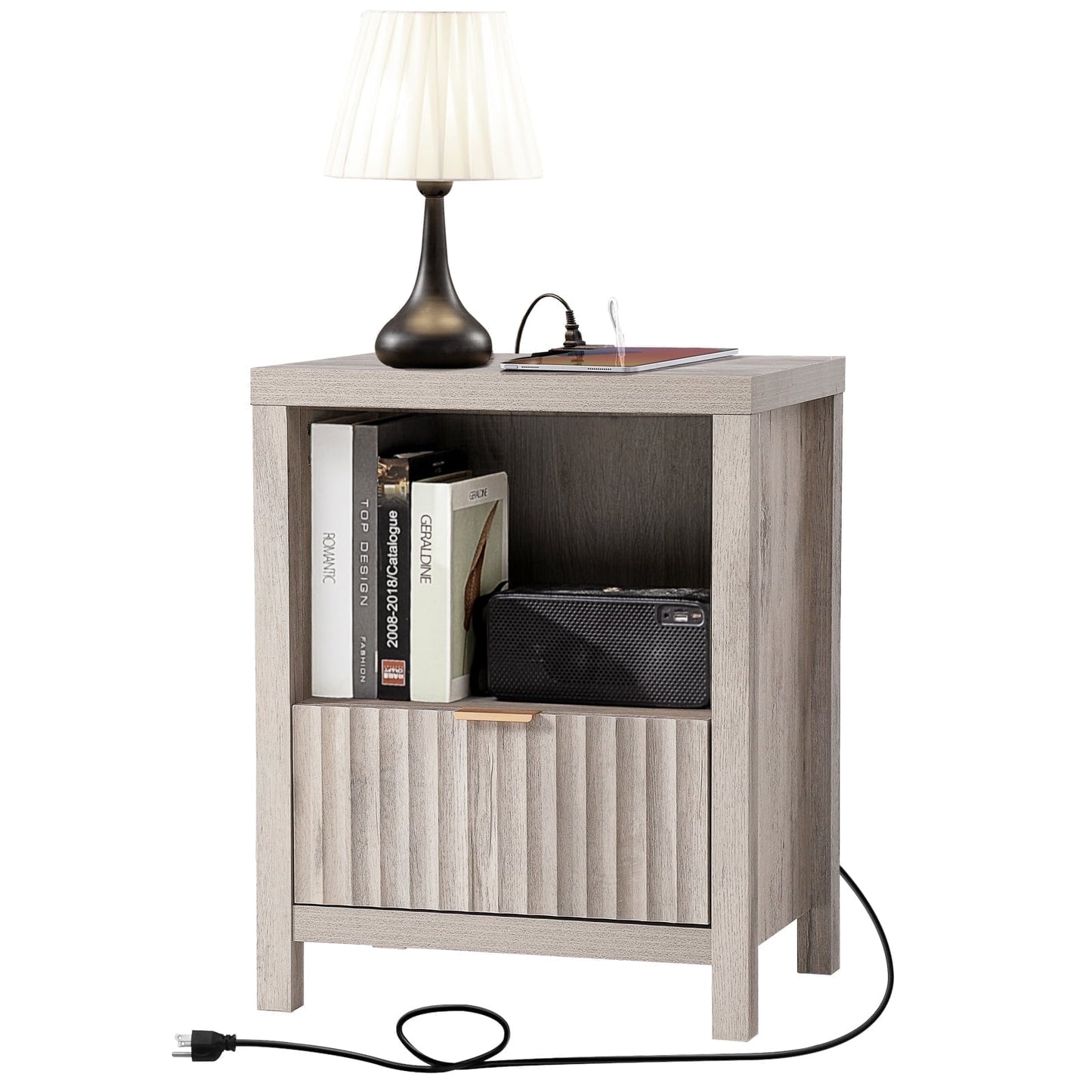 OAKHAM Nightstand with Charging Station, Bedside Tables with USB/Type-C Ports, Farmhouse Side Table End Table for Bedroom, Living Room, Gray Oak