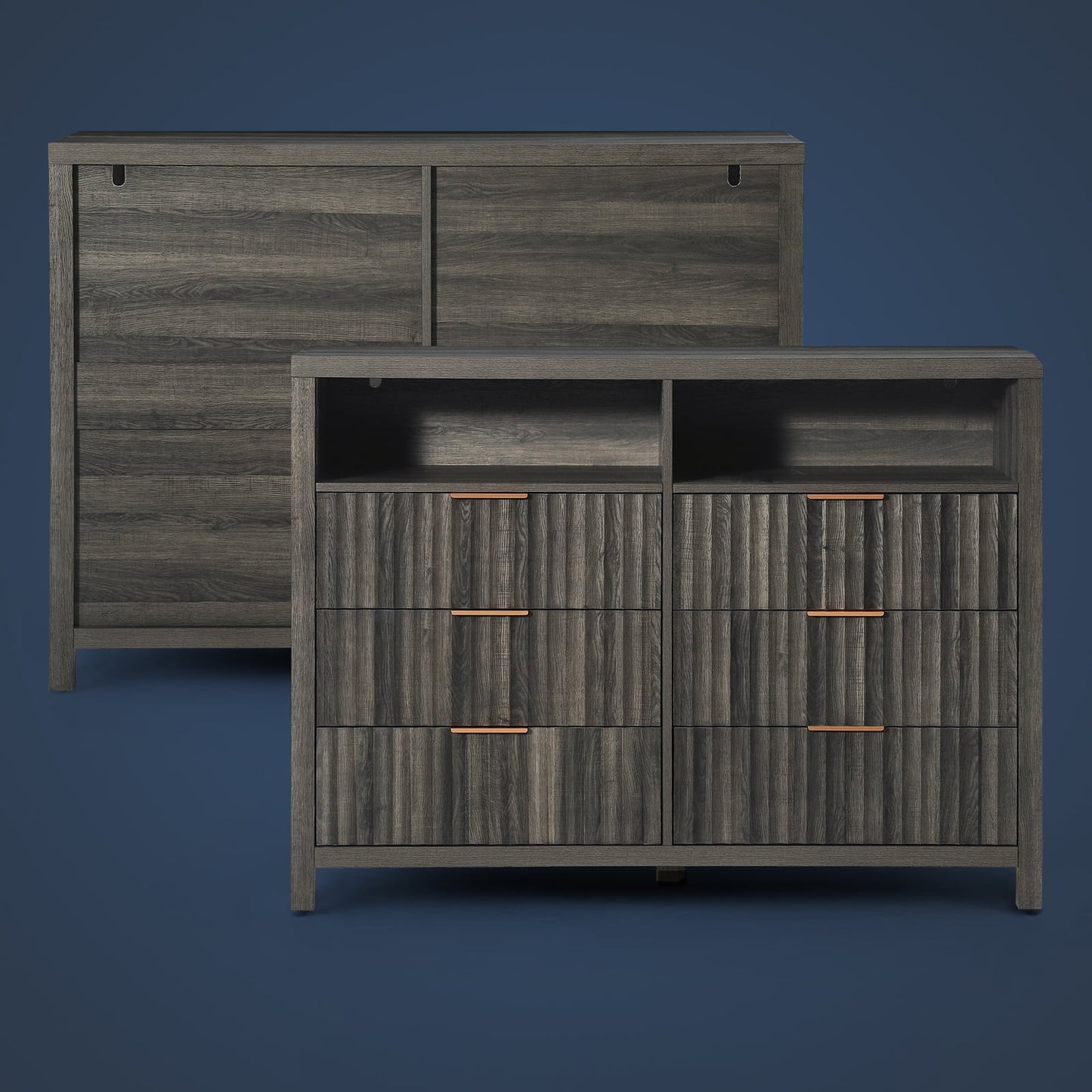 OAKHAM 6 Drawer Dresser, Fluted Wide Chest of Drawers for Bedroom Living Room, Midnight Oak