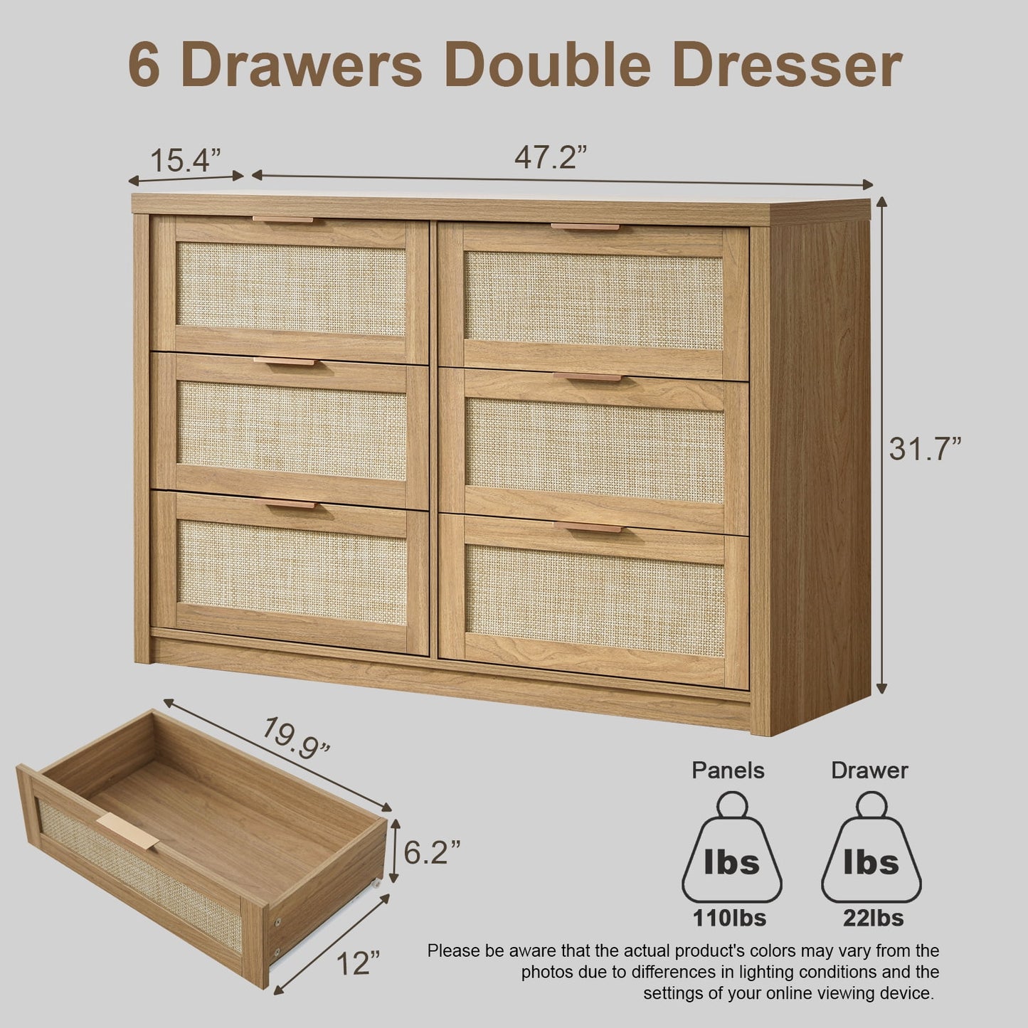 OAKHAM 6 Drawer Dresser, Rattan & Modern Wood Wide Chest of Drawers for Bedroom Living Room