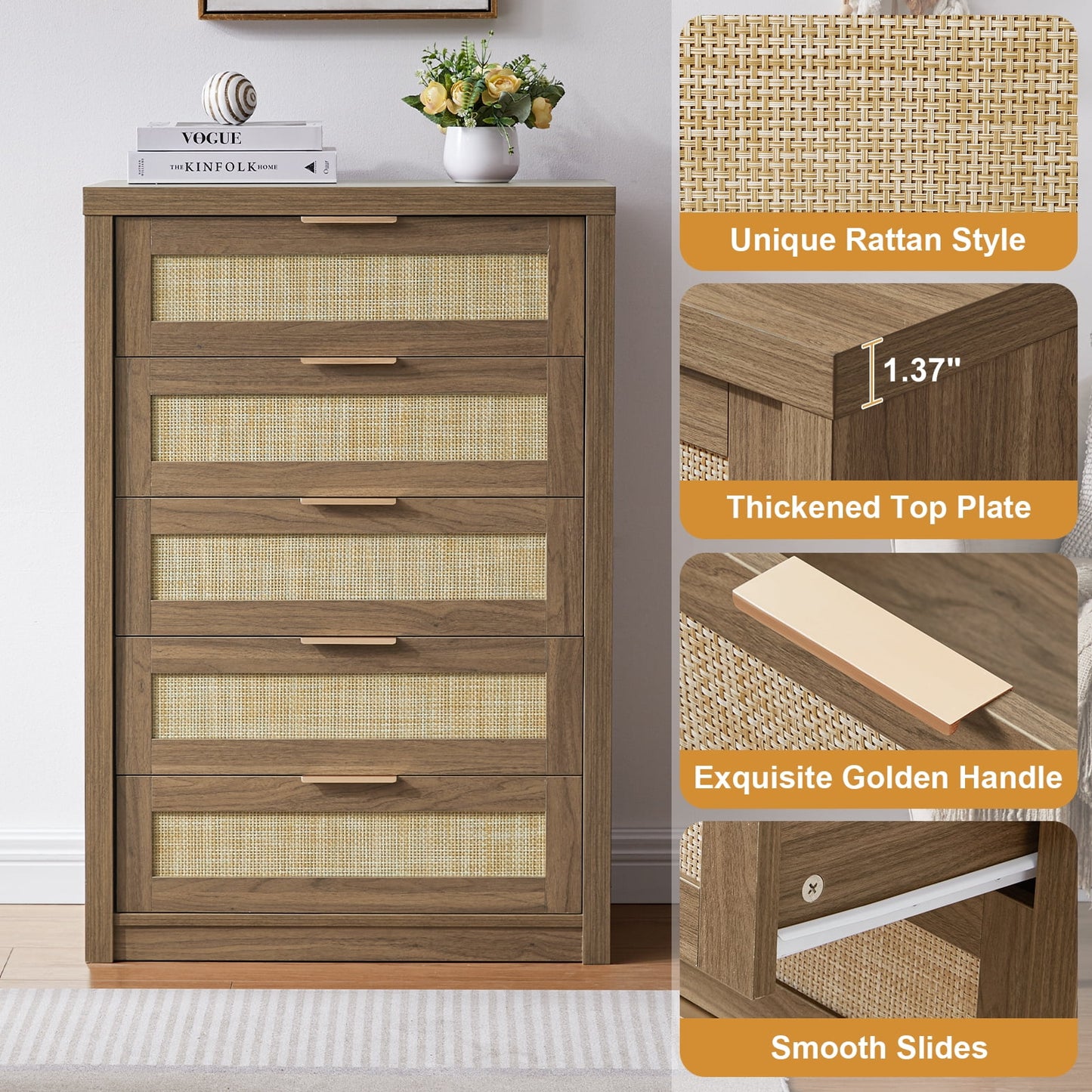 OAKHAM 5 Drawer Dresser, Rattan Wide Chest of Drawers for Bedroom Living Room, Special Walnut