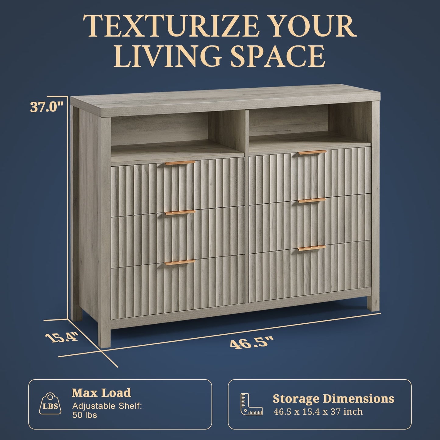 OAKHAM 6 Drawer Dresser, Fluted Wide Chest of Drawers for Bedroom Living Room, Gray Oak