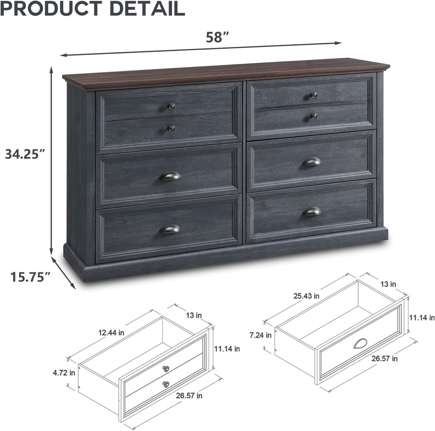 SinCiDo Farmhouse Dresser, Wooden 6 Drawer, Rustic Tall Storage Organizer, Dark Grey