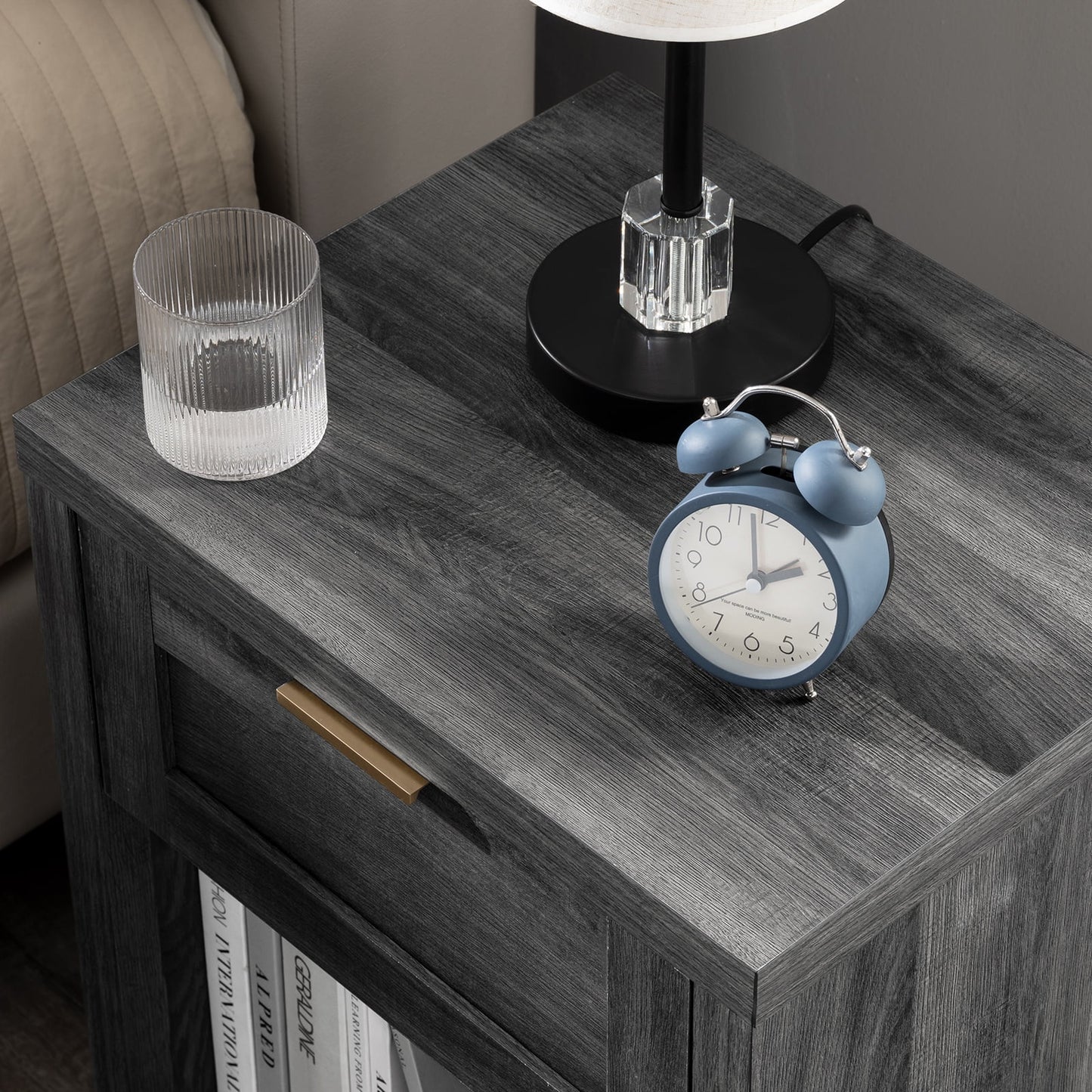 OAKHAM Farmhouse Nightstand, Boho End Table with Drawer and Open Shelf, Bedside Table for Bedroom Living Room, Midnight Oak