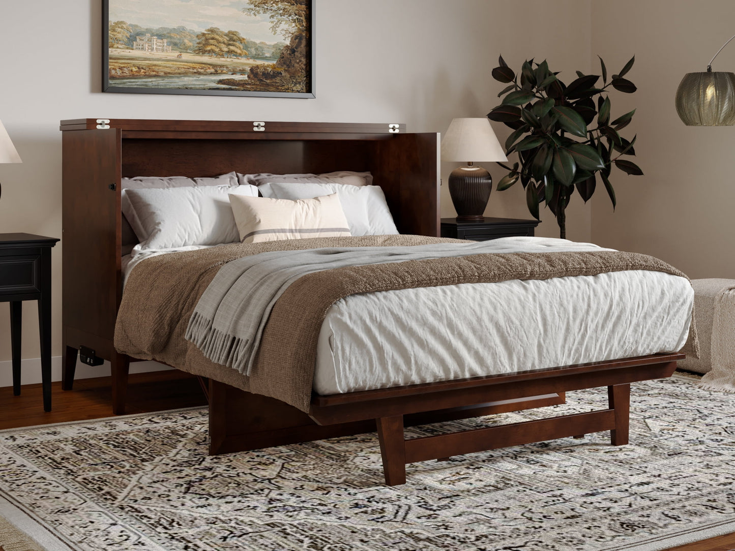 AFI Santa Fe Full Wood Murphy Bed Chest with Mattress and Built-in Charger, Walnut