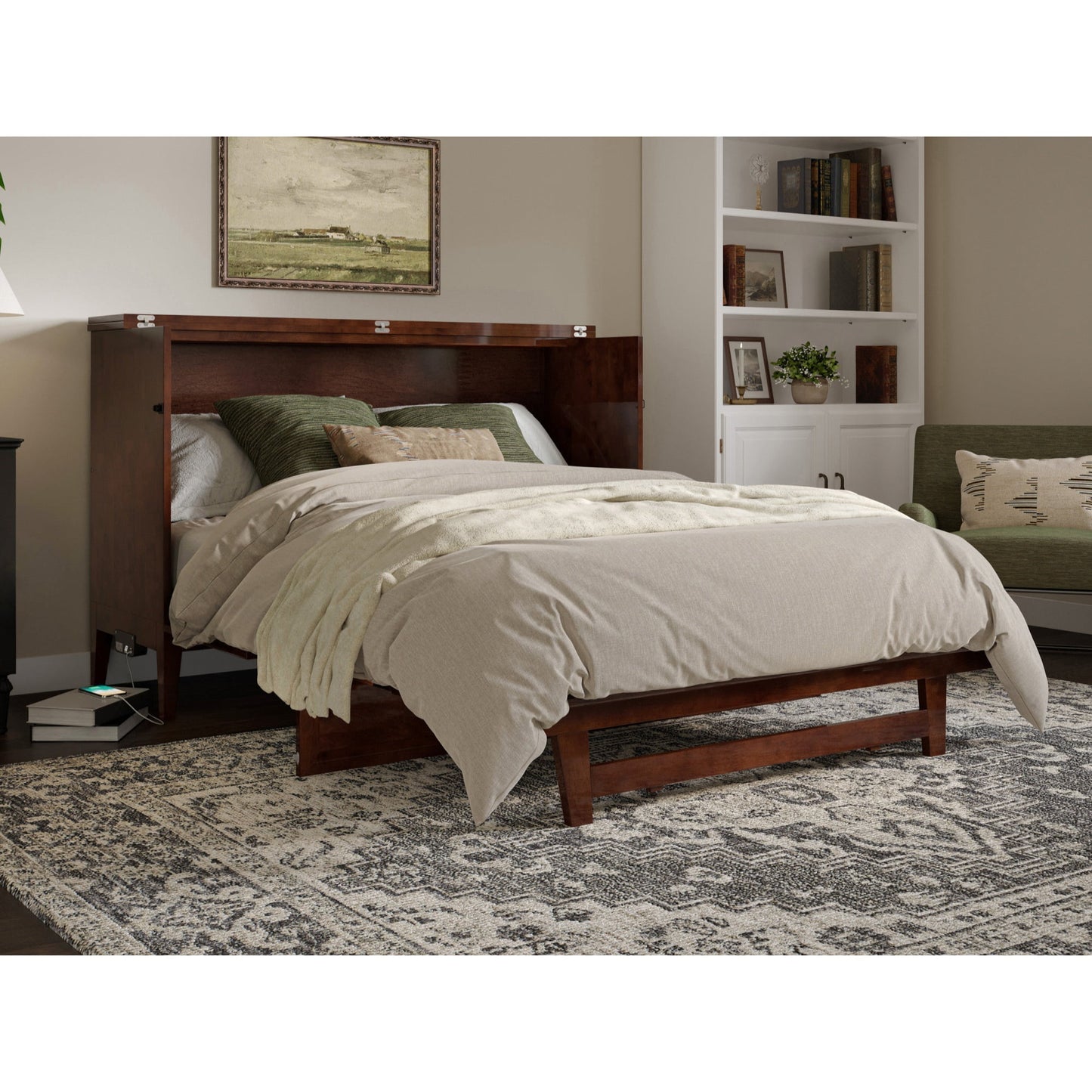 AFI Santa Fe Queen Wood Murphy Bed Chest with Mattress and Built-in Charger, Walnut