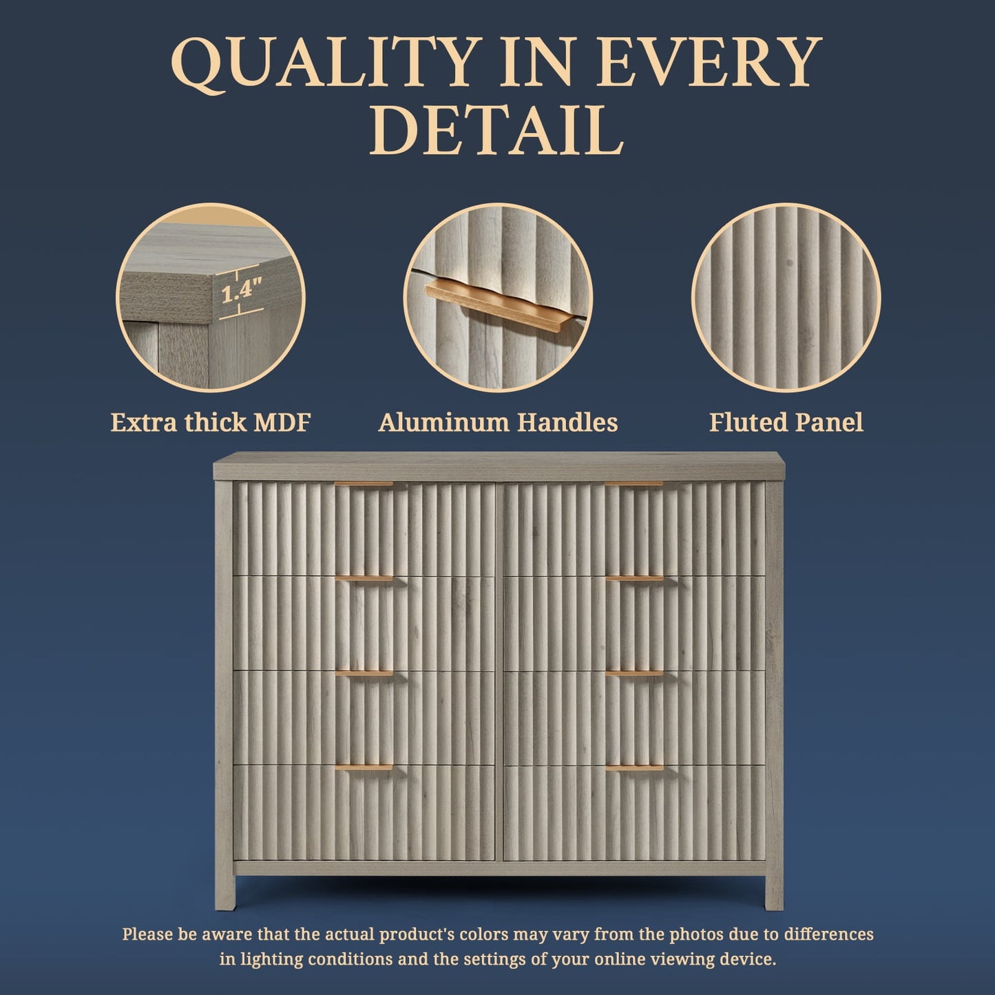 OAKHAM 8 Drawer Dresser, Fluted Wide Chest of Drawers for Bedroom Living Room, Gray Oak