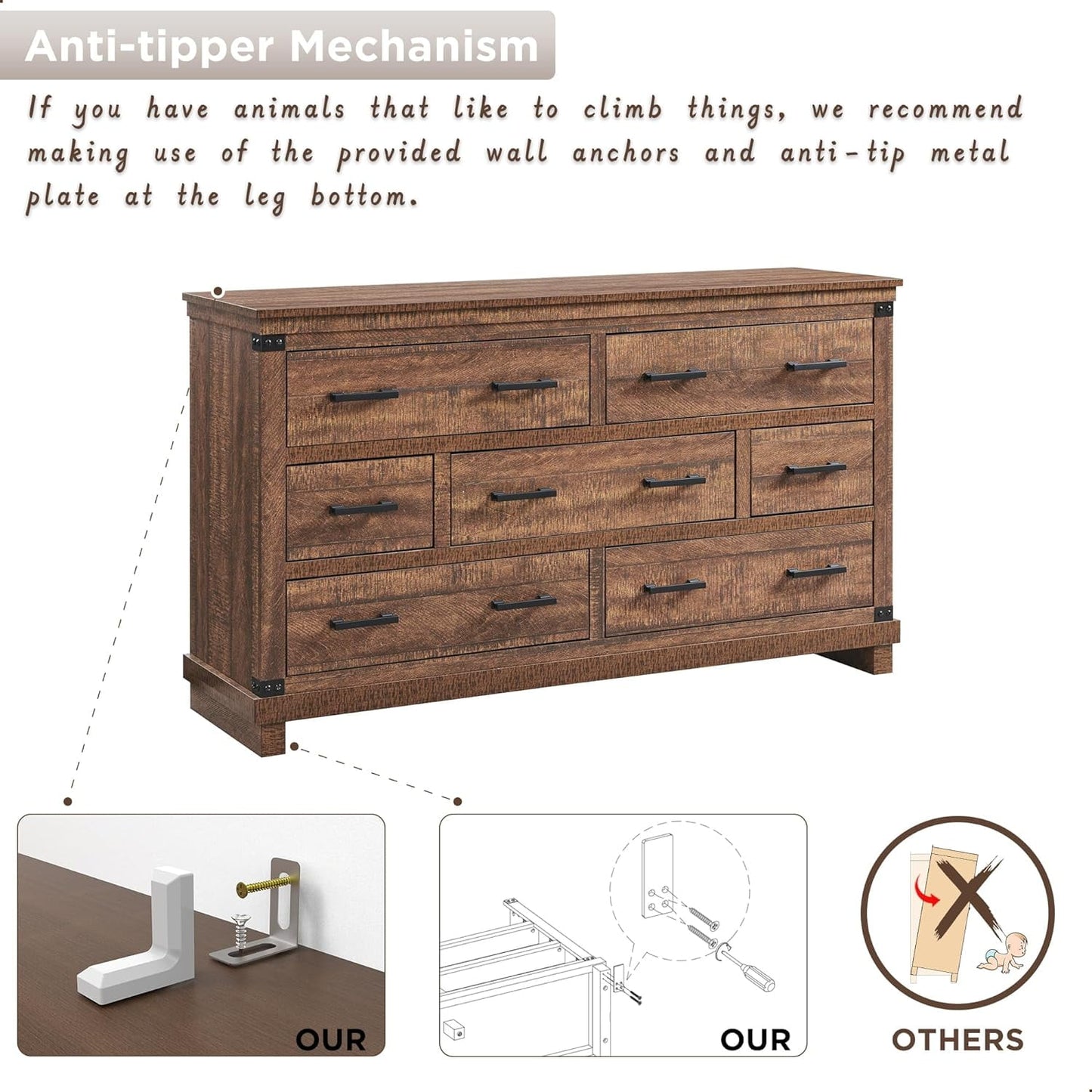 OKD 54in W Farmhouse Dresser 7 Drawers Modern Rustic Wood Chest of Drawers Closet Storage Organizers for Bedroom Living Room Hallway£¬Reclaimed Barnwood