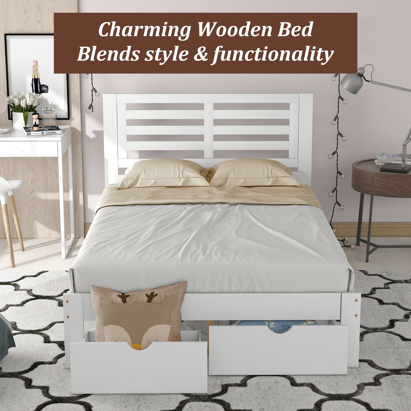 UHOMEPRO Platform Bed Frame Storage Bed with Headboard, Pine Wood Full Bed Frame for Bedroom, Modern Full Size Bed Frame with Drawers, Wood Slats Support, Holds 400 lb, No Box Spring Needed, White