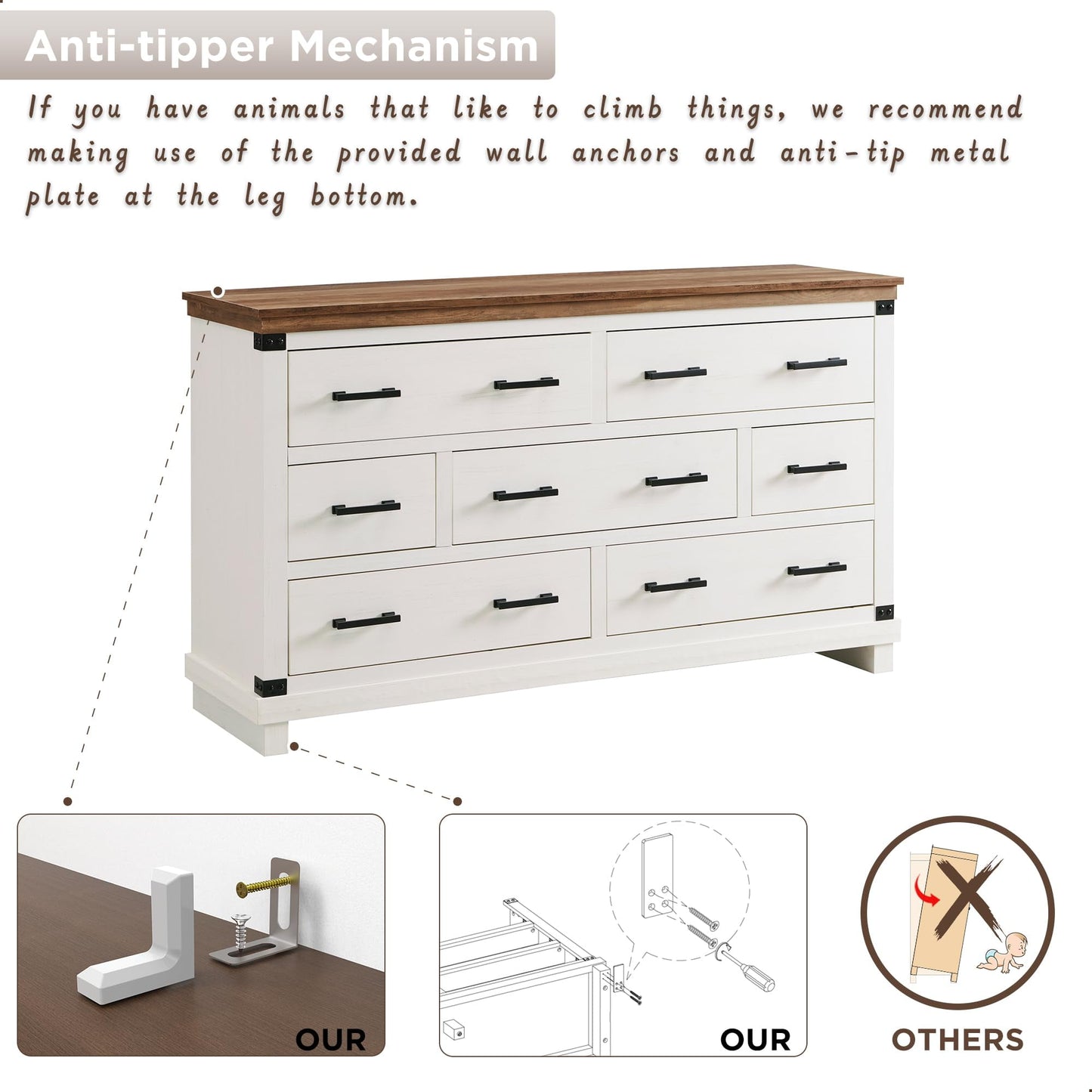 OKD Farmhouse 7 Drawers Dresser for Bedroom, Wood Large Chest of Drawers with Thick Plank Styling, Rustic Closet Dresser for Bedroom, Living Room, Antique White