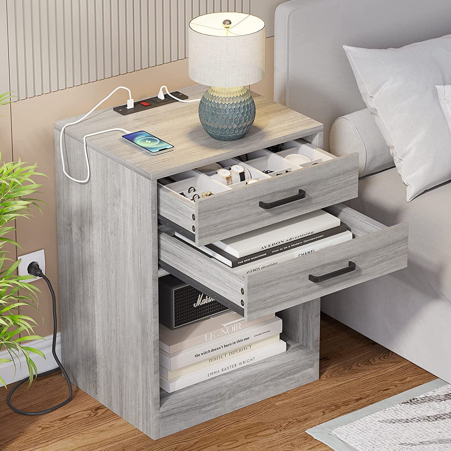 Nightstands Set of 2,Grey Nightstand with Charging Station and Drawers,Night Stands for Bedrooms,Gray