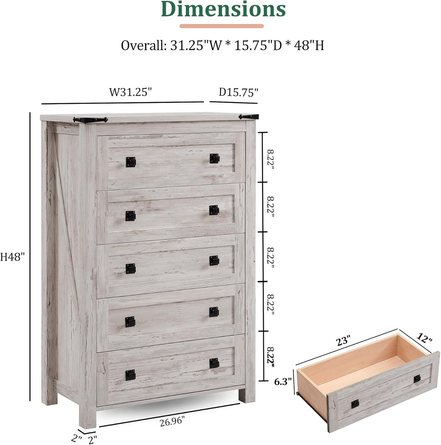 OKD 5 Drawers Dresser Chests for Bedroom Farmhouse, Wood Rustic Tall Chest of Drawers, Antique Brush White