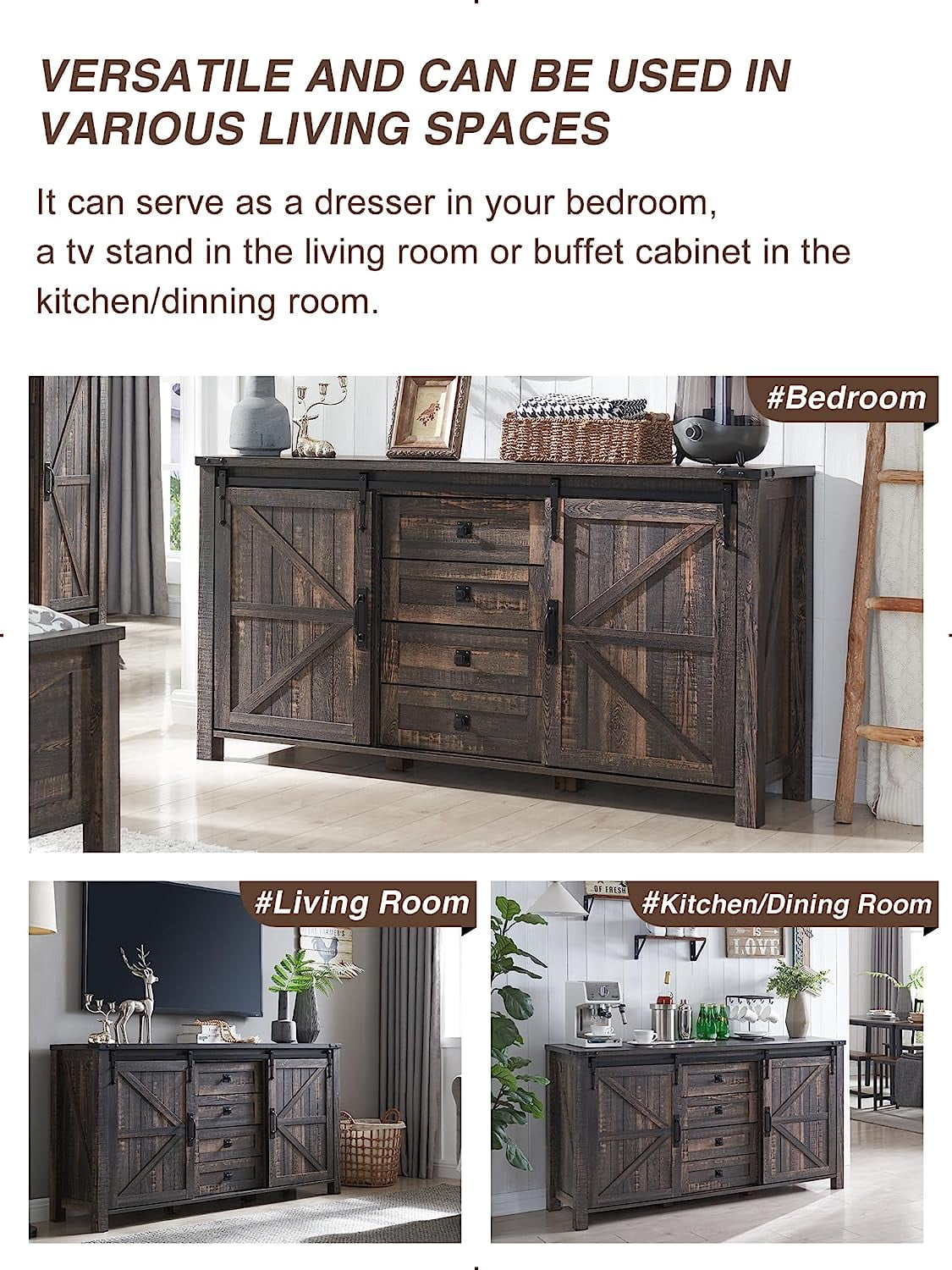 OKD 60in Farmhouse Dresser 4 Drawer Modern Storage Cabinet with Sliding Barn Door for Bedroom, Chest of Drawers Wood Organizer TV Stand for Living Room, Dark Rustic Oak