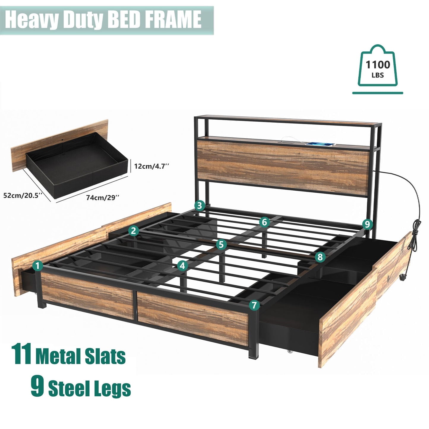 LED Queen Bed Frame with Power Charging Station and USB Ports, Metal Platform Bed with Storage Headboard & 4 Drawers (Tan-Queen)