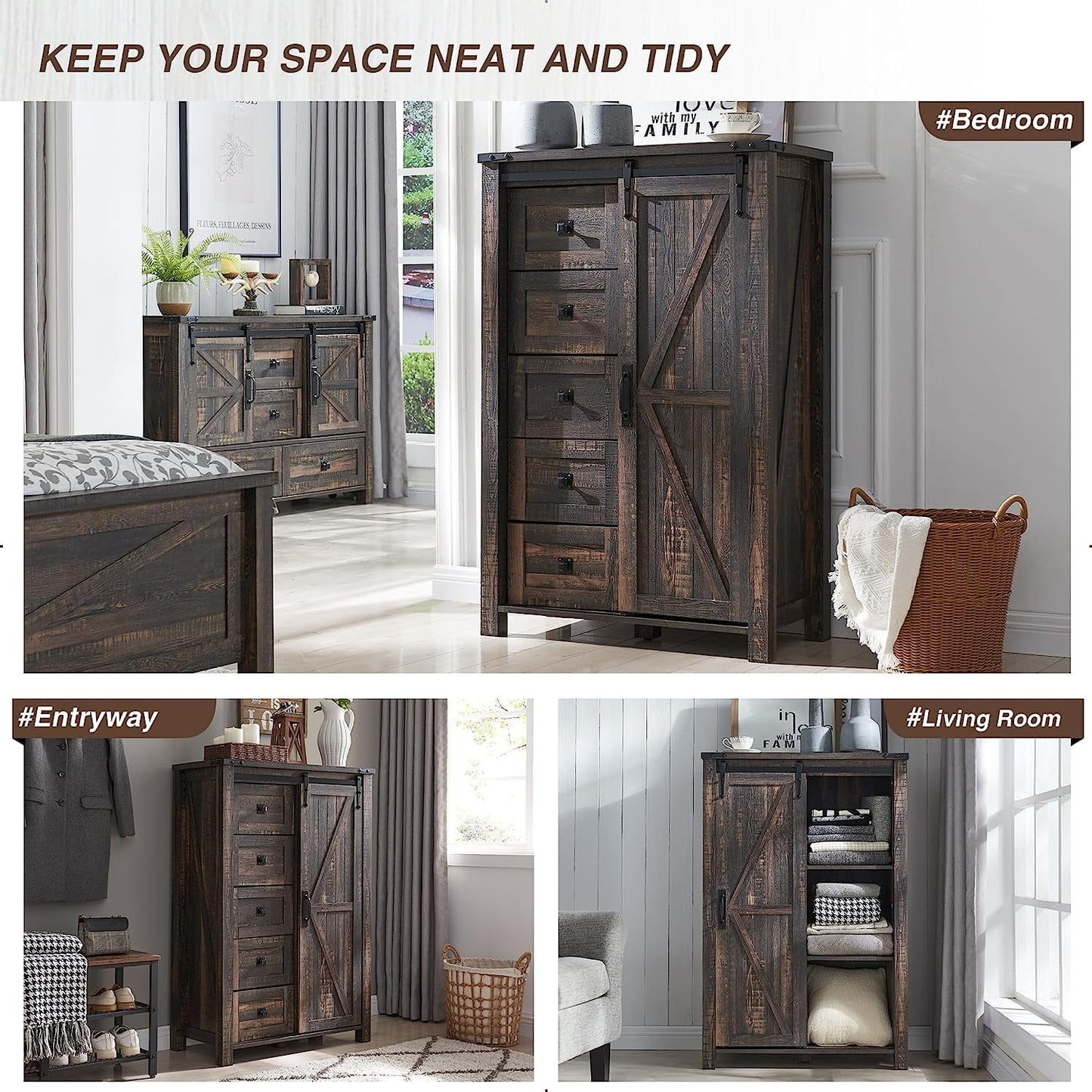 Extra Savings! OKD Modern Farmhouse 5-Drawer Dresser with Barn Door, Adjustable Storage Cabinet for Bedroom Living Room, Dark Rustic Oak - Walmart.com