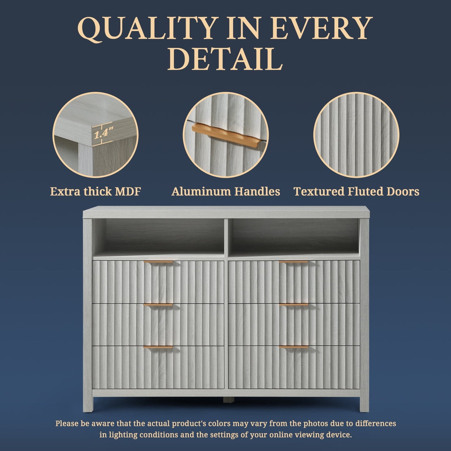 OAKHAM 6 Drawer Dresser, Fluted Wide Chest of Drawers for Bedroom Living Room, Pale Oak