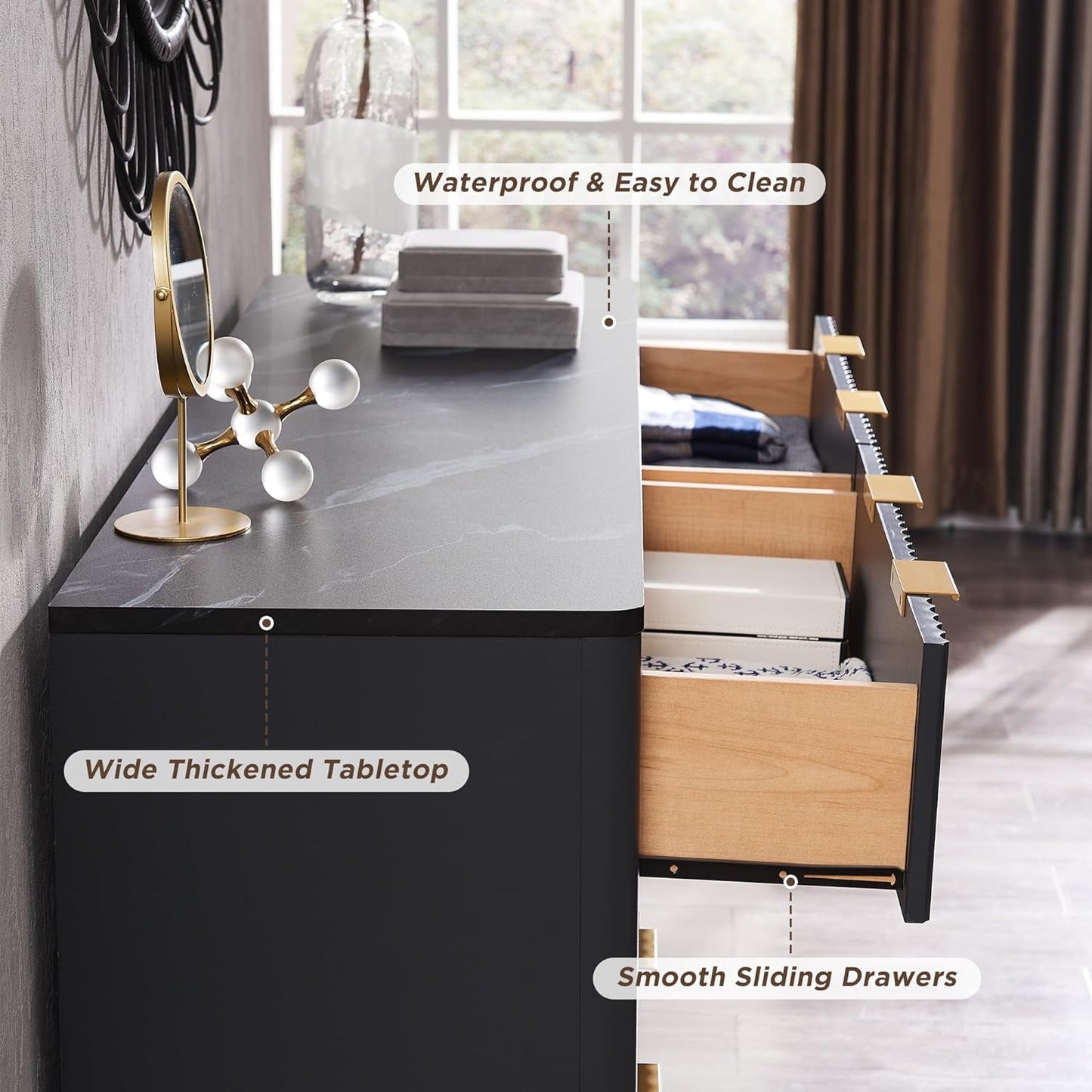 Extra Savings! OKD 6 Drawer Dresser with Faux Marble Top, 54in Contemporary Wood Storage Cabinet for Bedroom, Living Room - Dark Grey - Walmart.com