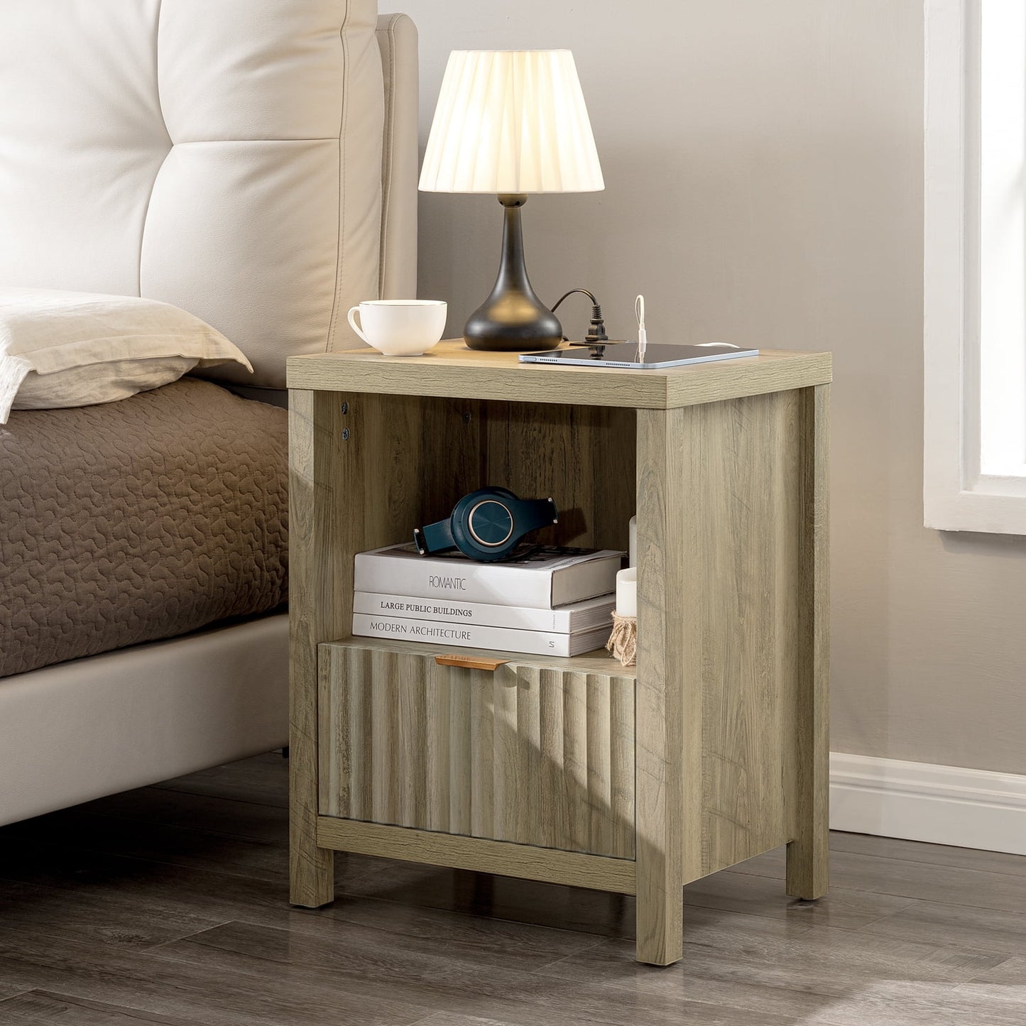 OAKHAM Nightstand with Charging Station, Bedside Tables with USB/Type-C Ports, Farmhouse Side Table End Table for Bedroom, Living Room, Set of 2, Sunwashed Ash Oak