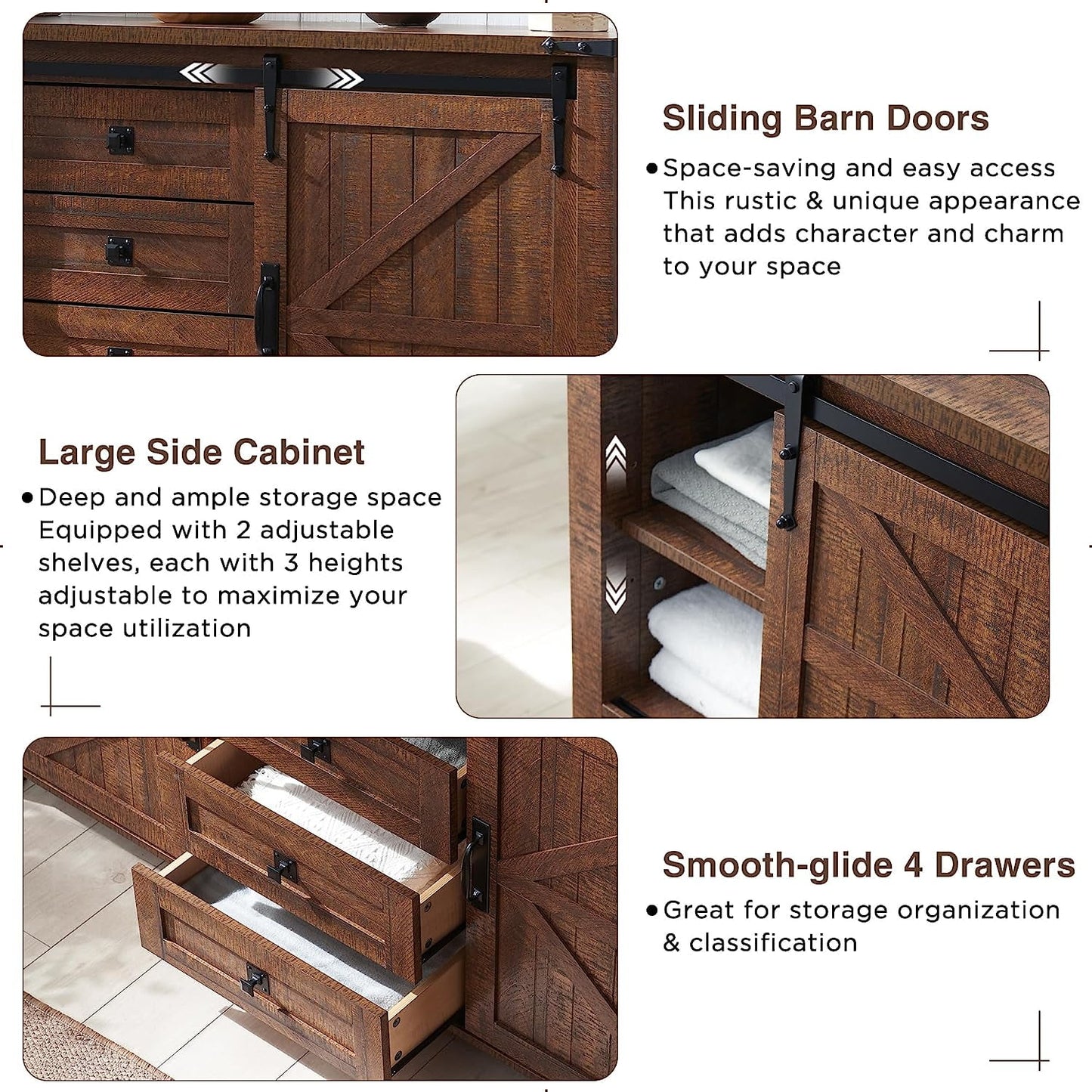 OKD 60in Farmhouse Dresser 4 Drawer Modern Wood Rustic Storage Cabinet with Sliding Barn Door for Bedroom, Chest of Drawers Wood Organizer TV Stand for Living Room, Reclaimed Barnwood