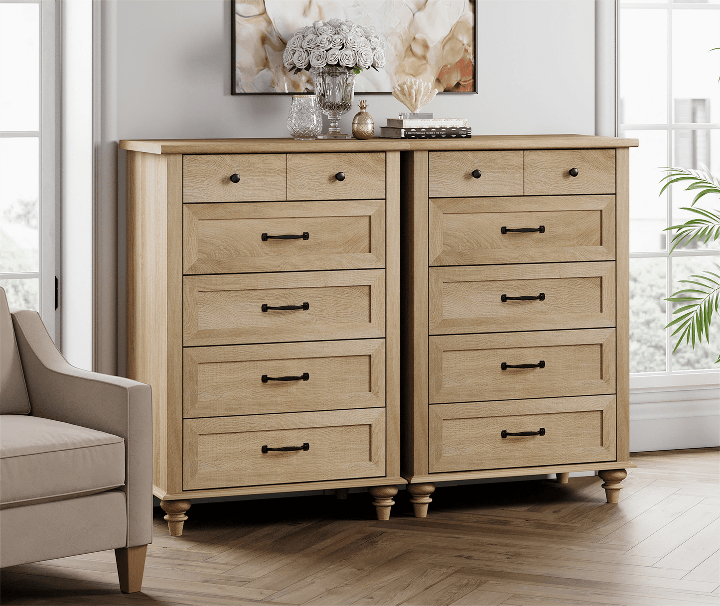 Oak Kids Dresser for Bedroom with 10 Wide Chest of Drawers, Wood Dressers for Living Room, Nursery, Hallway,White