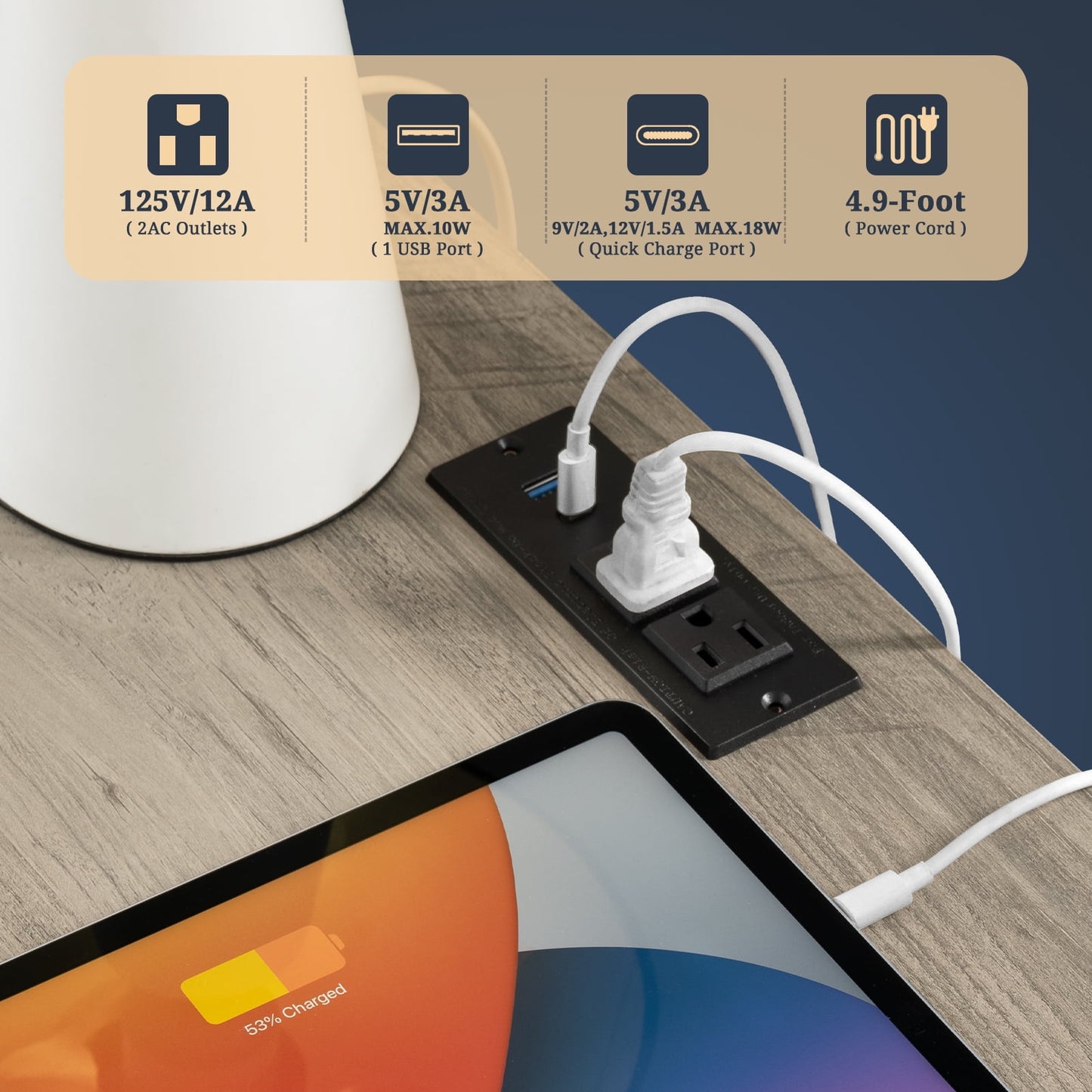 OAKHAM Nightstands, Rustic 2-Drawer Table with Charging Station & USB Ports, Gray Oak