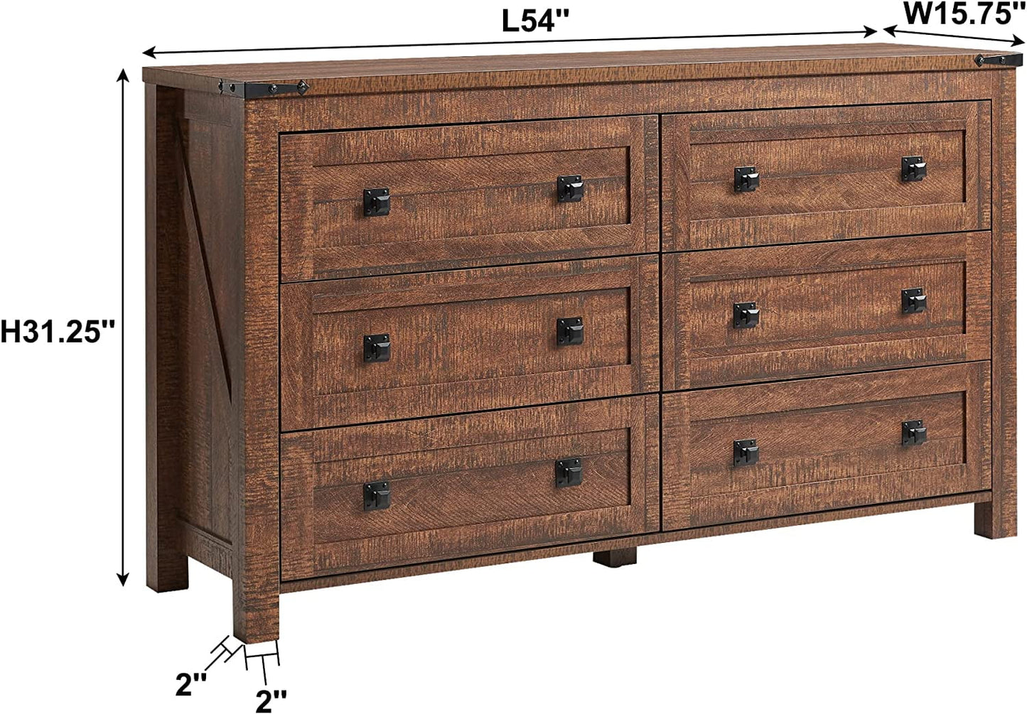OKD Farmhouse 6-Drawer Dresser Chests for Bedroom, Wood Rustic Tall Chest of Drawers, Brown