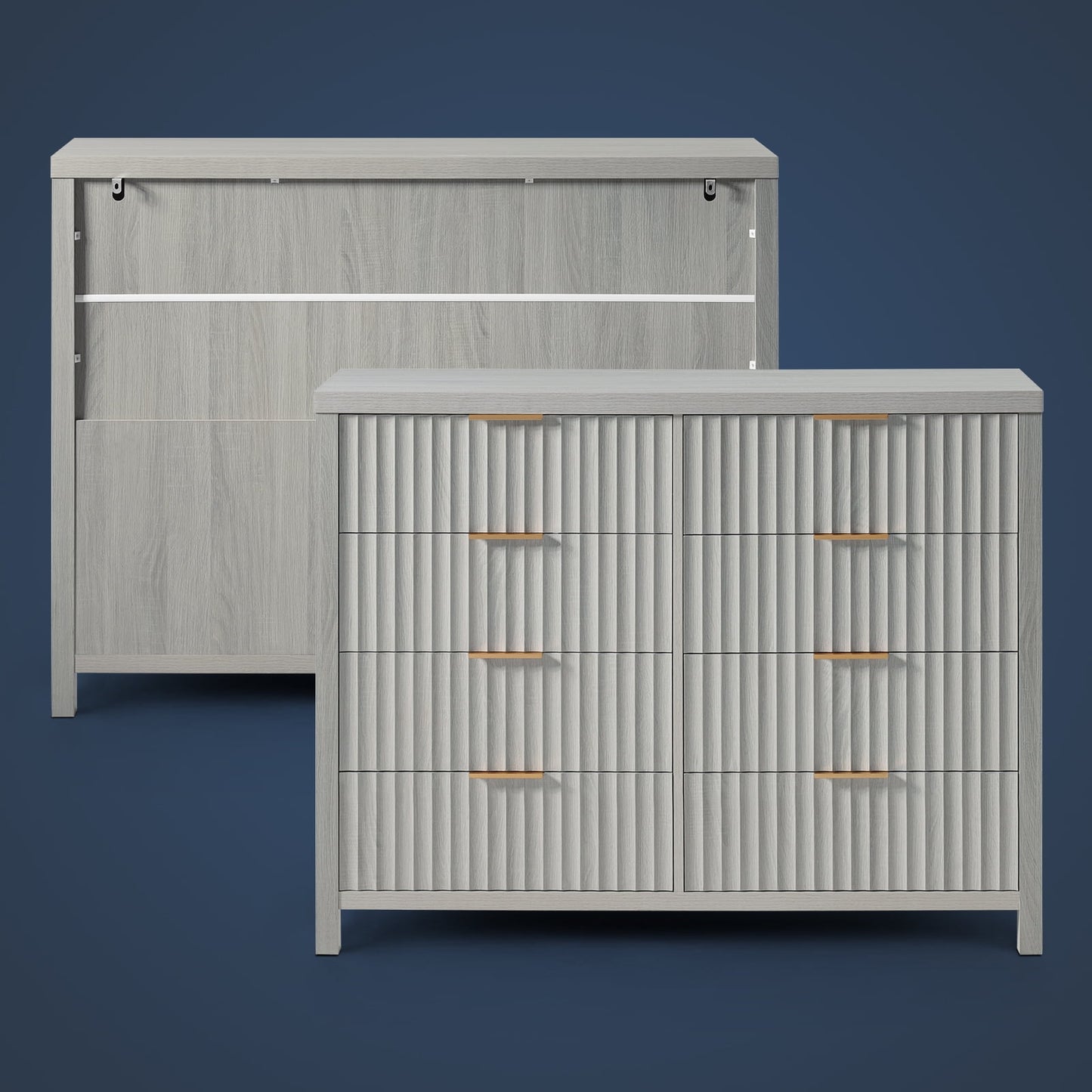 OAKHAM 8 Drawer Dresser, Fluted Wide Chest of Drawers for Bedroom Living Room, Pale Oak