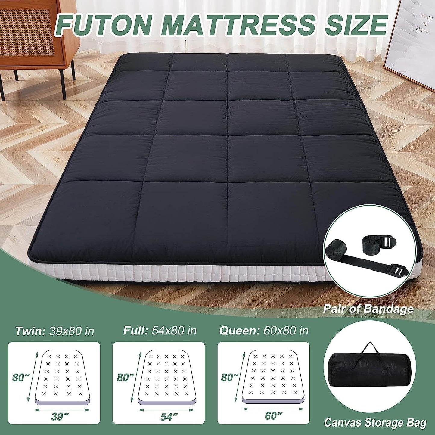 Slsy Upgraded 6in Extra Thick Japanese Floor Mattress Futon Mattress, Foldable Mattress Tatami Pad Floor Mattress for Adults Floor Bed Roll Up Mattress Guest Mattress Camping Mattress
