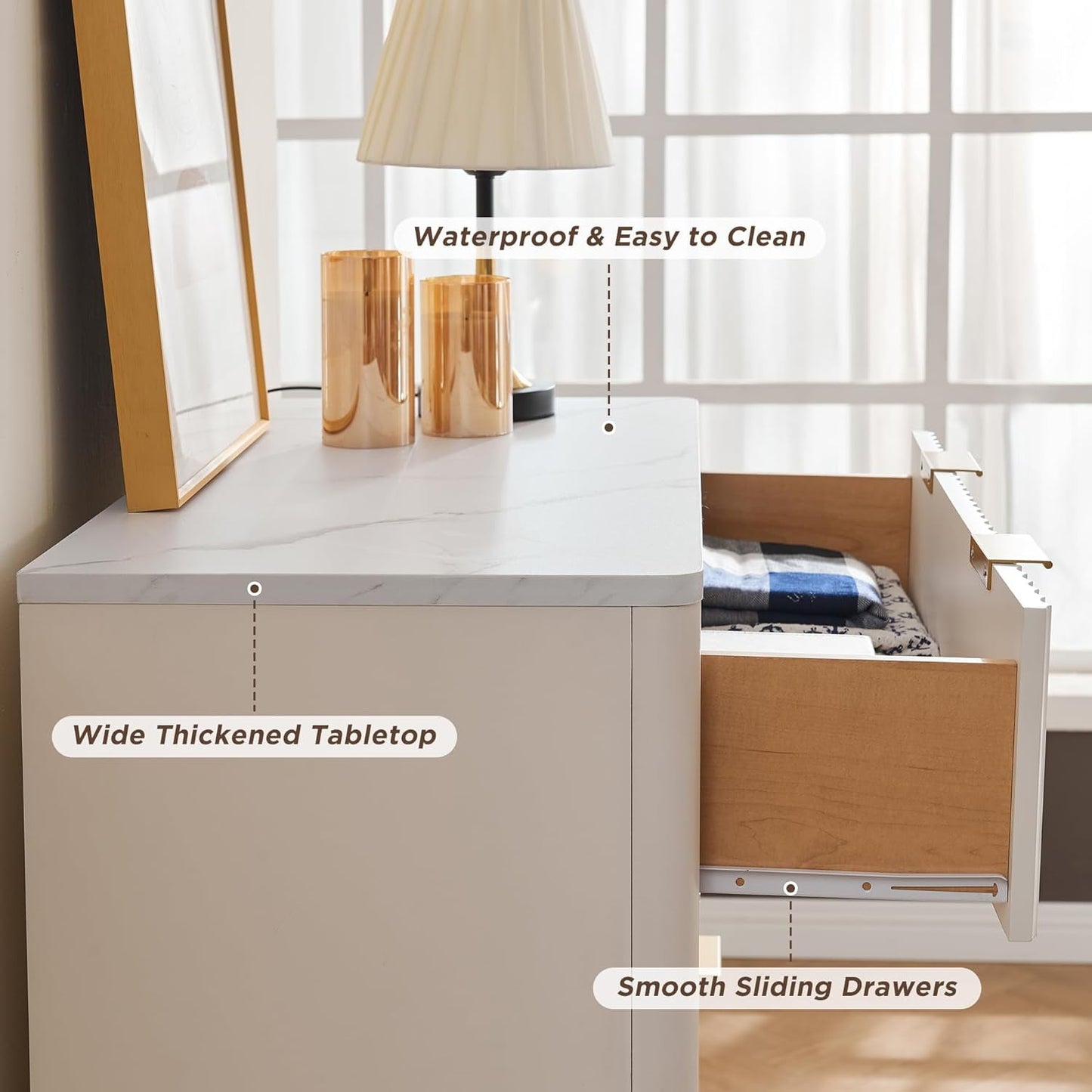 OKD 5 Drawers White Dresser with Faux Marble Top, Modern Storage Cabinet for Bedroom, Chest of Drawers Wood Organizer for Living Room