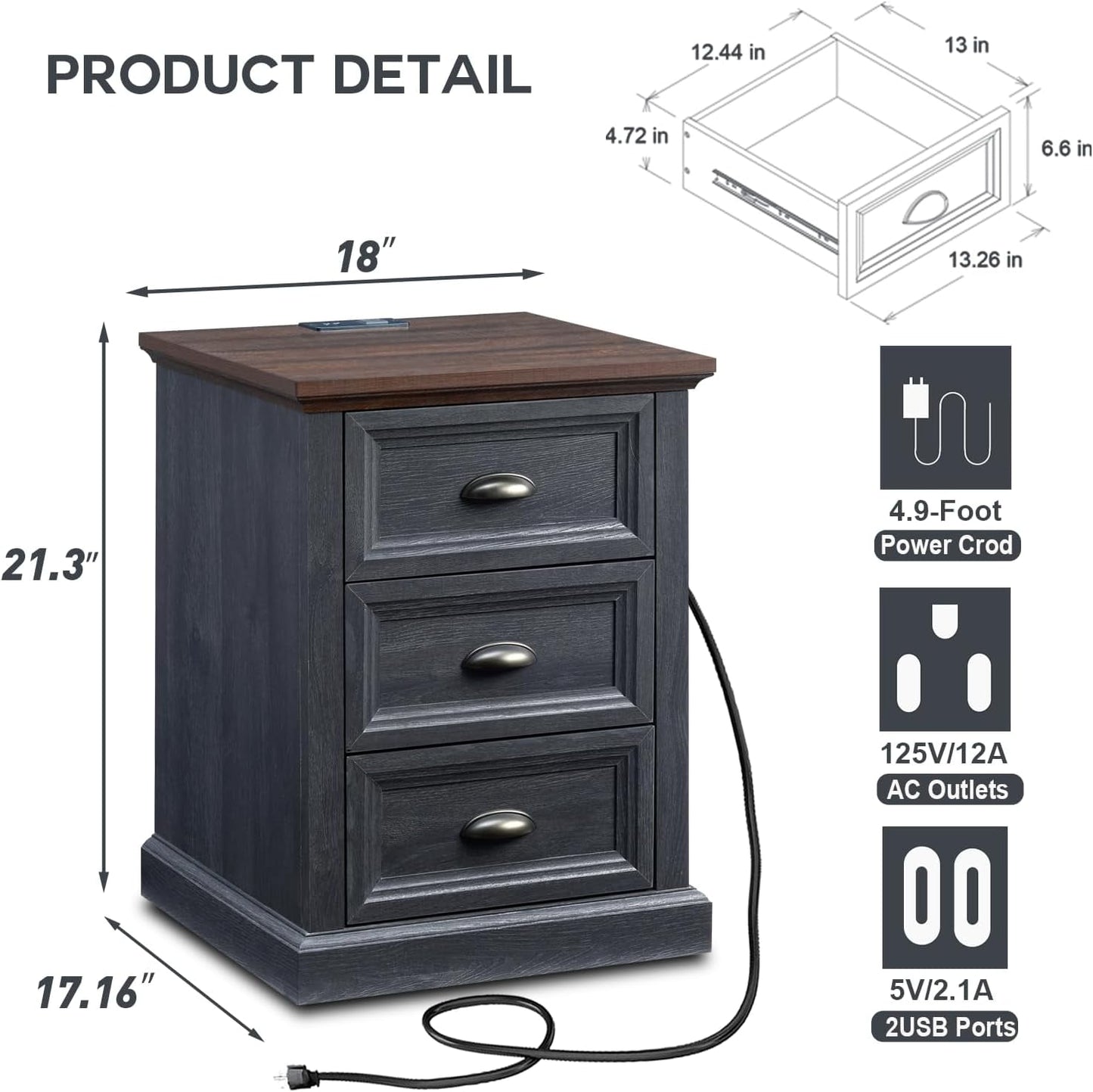 SinCiDo End Table, Dresser for Bedroom with 3 Drawers, Small Wood Rustic Nightstand with Charging Station for Living Room