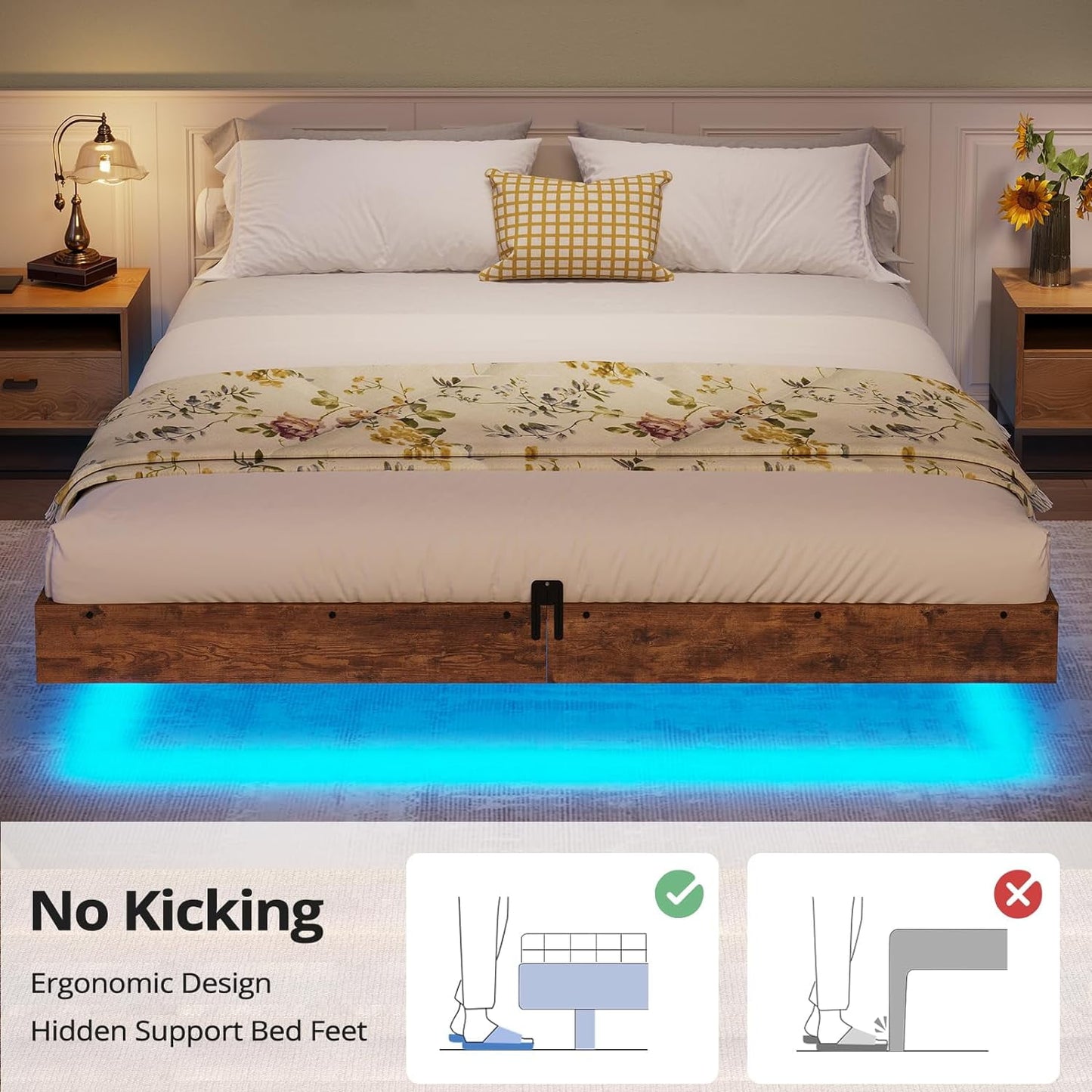 Modern Bedroom Floating Queen Size Bed Frame with Smart RGB LED Lights, Solid & Stable Platform, Industrial Style