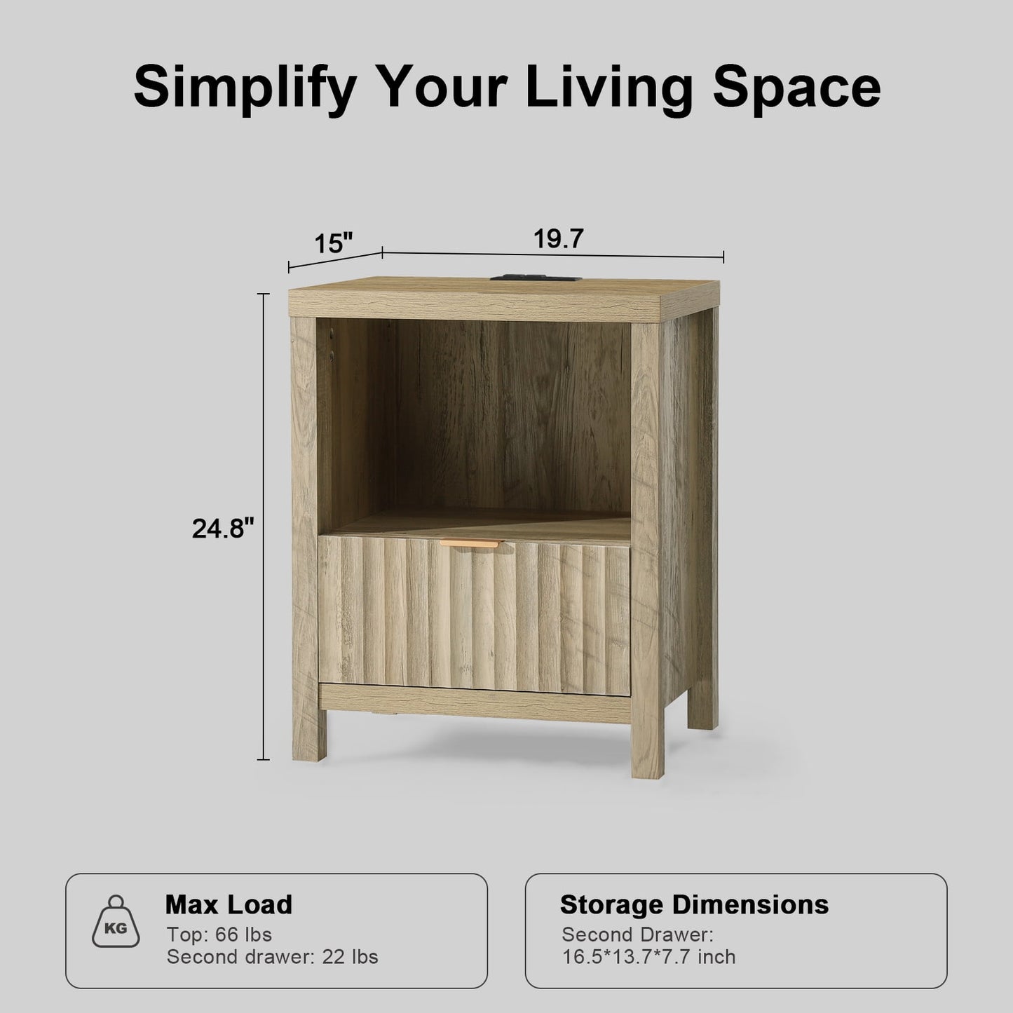 OAKHAM Nightstand with Charging Station, Bedside Tables with USB/Type-C Ports, Farmhouse Side Table End Table for Bedroom, Living Room, Sunwashed Ash Oak