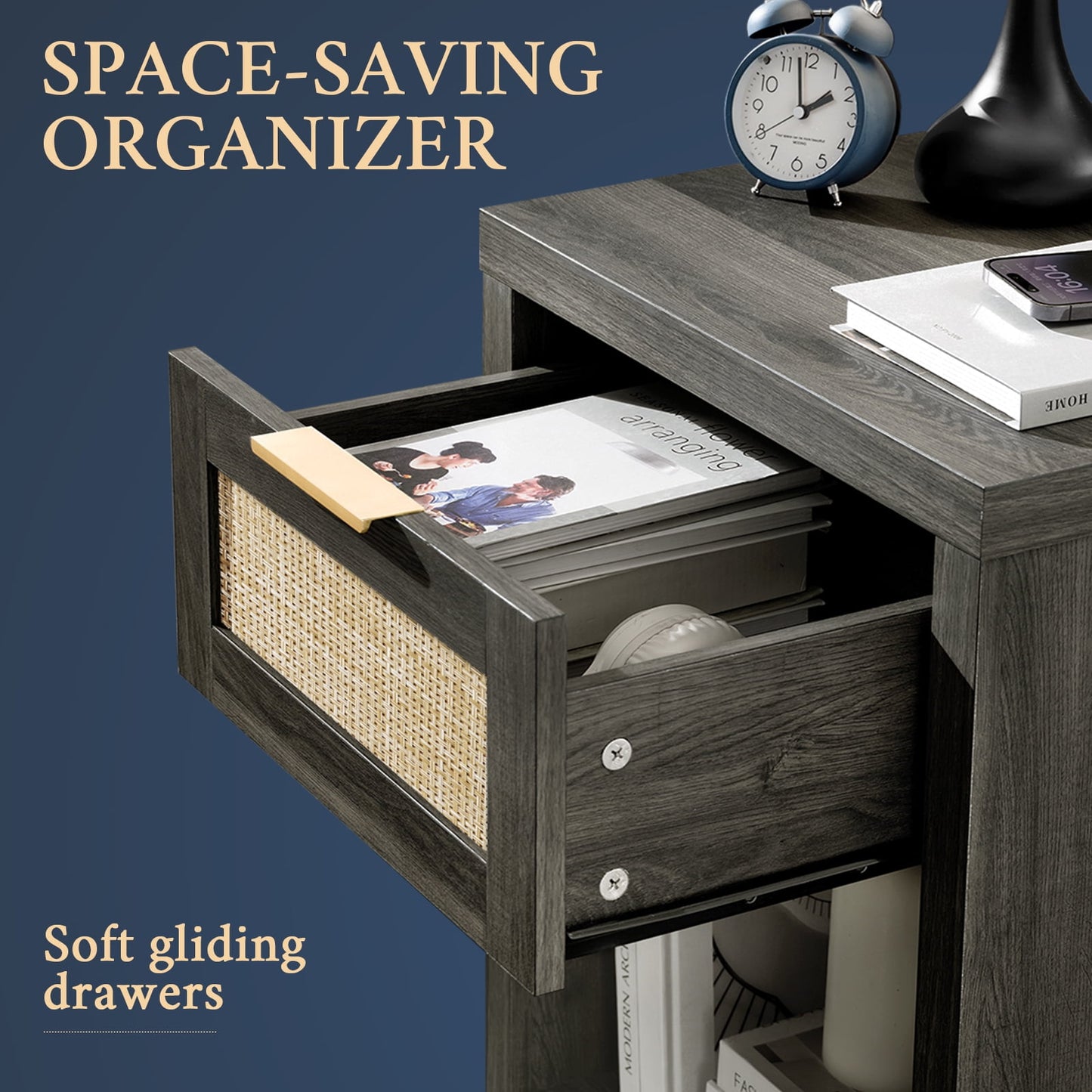 OAKHAM Rattan Nightstand set of 2 with Charging Station, Bedside Table with Type-C/USB Port, Boho Side Tables End Table for Living Room, Bedroom, Midnight Oak