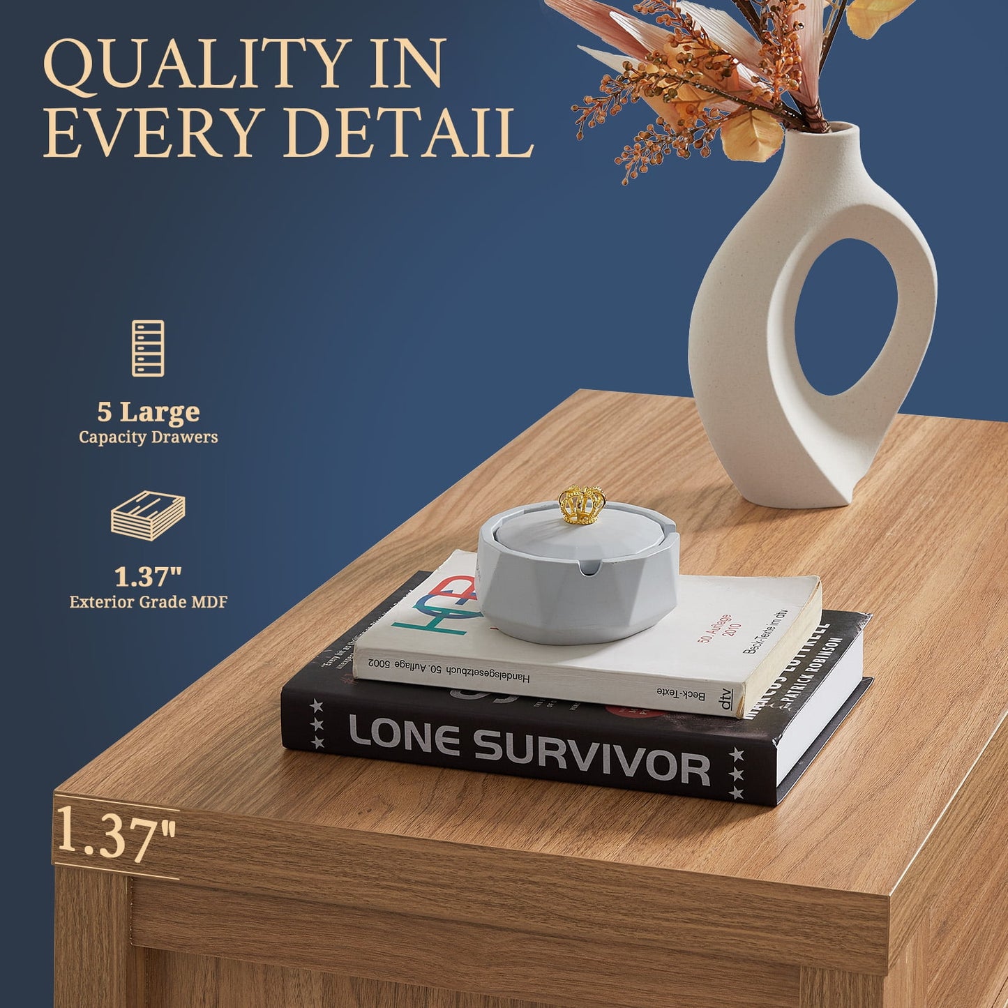 OAKHAM 5 Drawer Dresser Set of 2, Modern Wooden Chests of Drawers, Tall Dressers for Bedroom, Weathered Oak