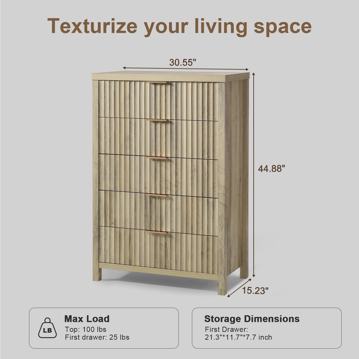 OAKHAM 5 Drawer Dresser, Fluted Vertical Chest of Drawers for Bedroom Living Room, Sunwashed Ash Oak