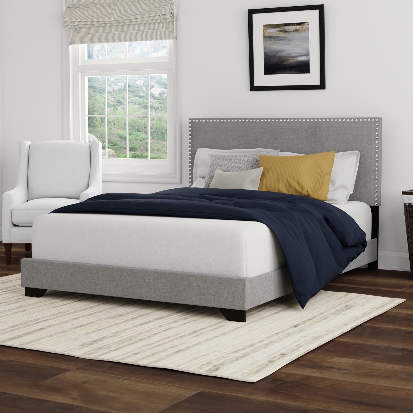 Skylar Nailhead Trim Upholstered Full Platform Bed, Glacier