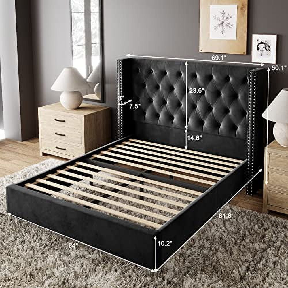 Jocisland Queen Bed Frame Upholstered Bed Wingback Headboard Velvet Tufted Diamond Button/No Box Spring Needed/Easy Assembly/Black