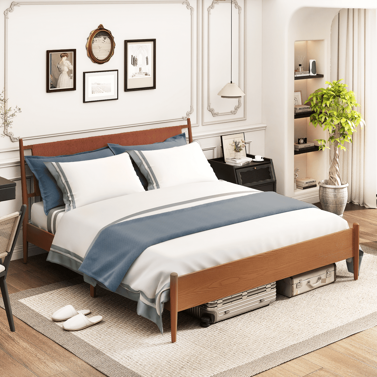 Hommow Modern Solid Wood Platform Bed, Bed Frame with Headboard, Solid Wood Bed Frame with Wood Slat Support, King, Orange