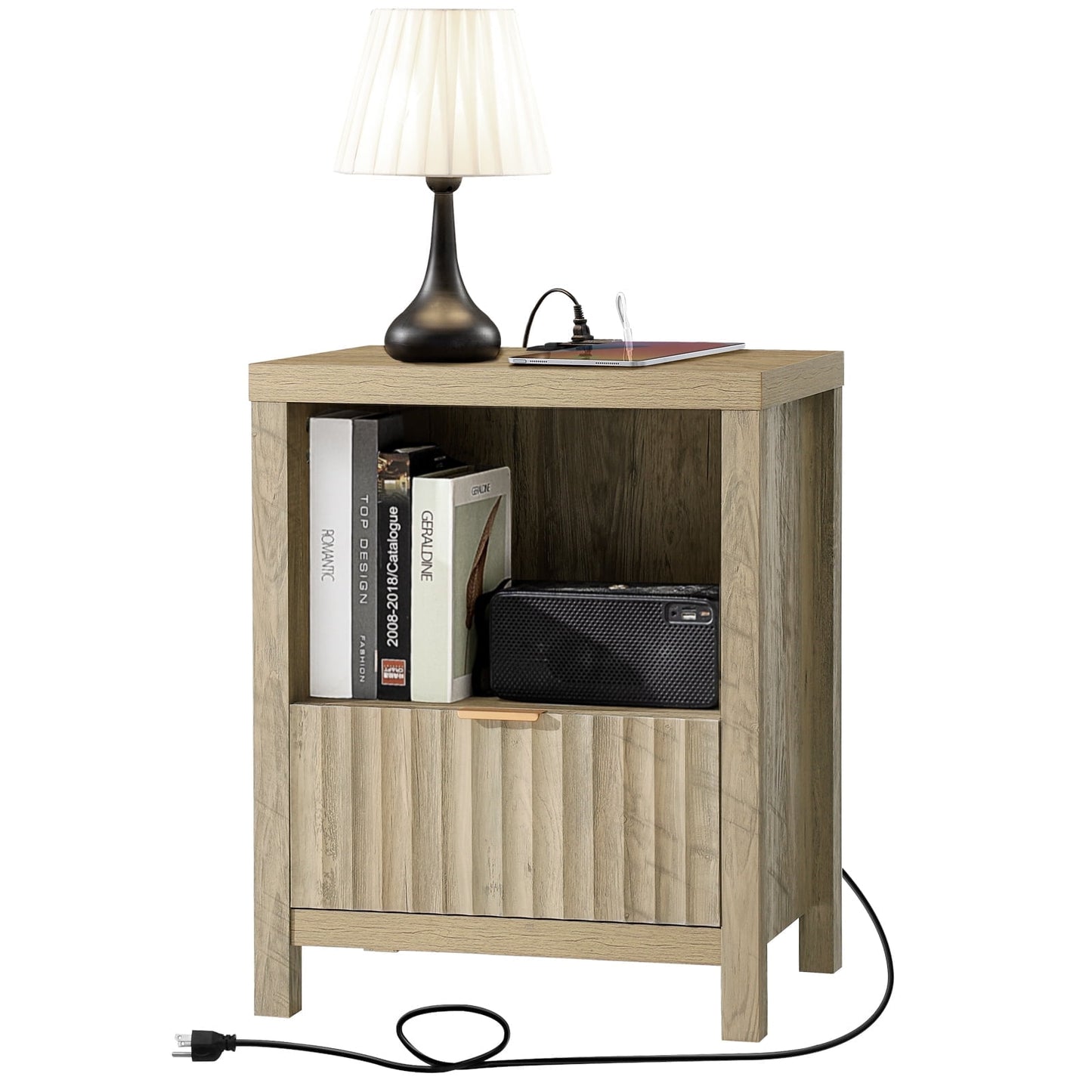 OAKHAM Nightstand with Charging Station, Bedside Tables with USB/Type-C Ports, Farmhouse Side Table End Table for Bedroom, Living Room, Sunwashed Ash Oak