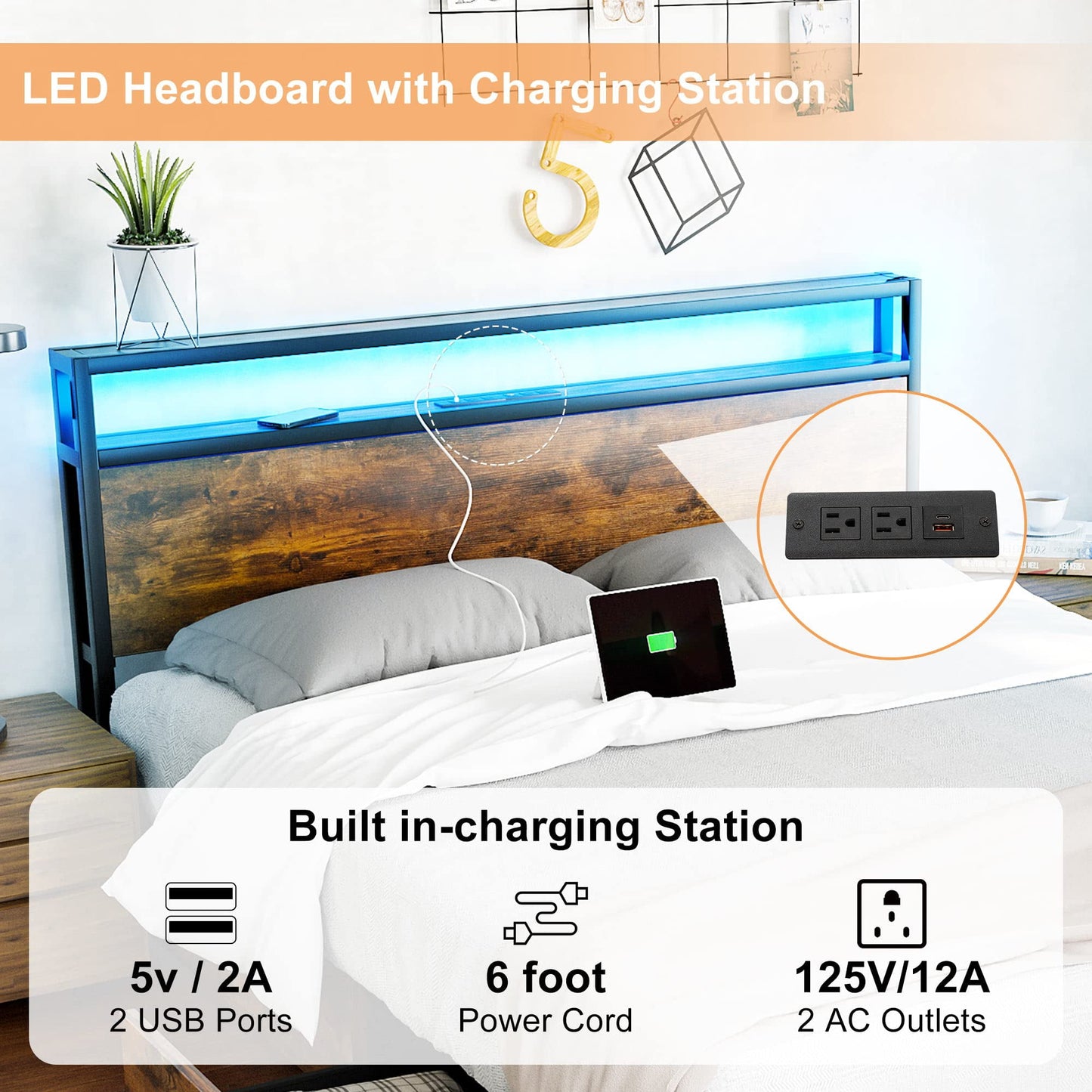 LED Queen Bed Frame with Power Charging Station & 4 Drawers, Metal Platform Bed with 2 Layer Storage Headboard(Brown-Queen)