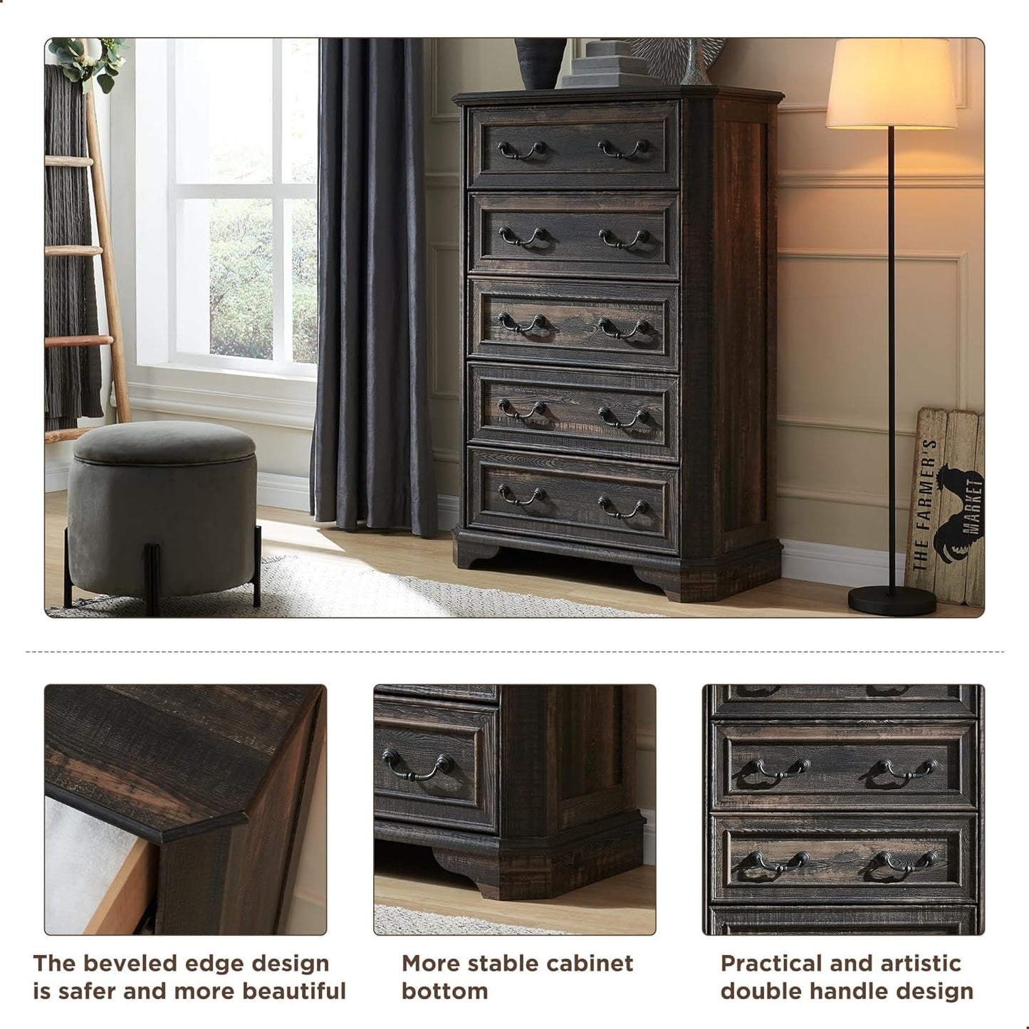 OKD 5 Drawers Dresser Chests for Bedroom, Farmhouse Wood Rustic Tall Chest of Drawers, Organizer for Living Room, Dark Rustic Oak