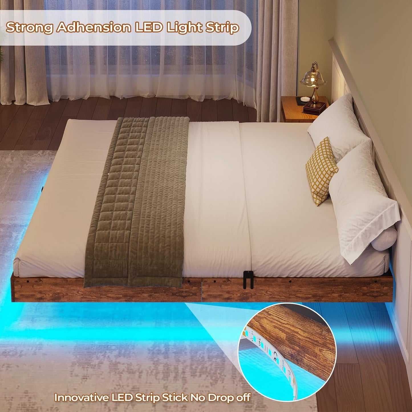 Modern Bedroom Floating Queen Size Bed Frame with Smart RGB LED Lights, Solid & Stable Platform, Industrial Style