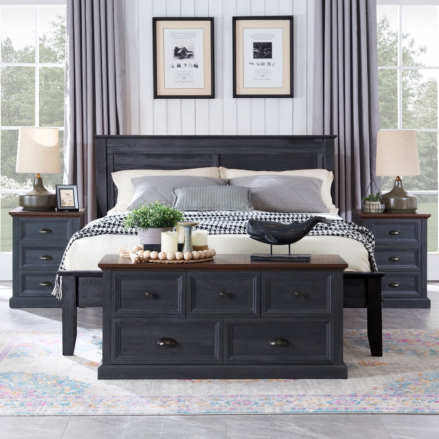 SinCiDo Bedside Nightstand with Charging Station, 3 Drawer Dresser, Rustic Wood End Table - Dark Grey