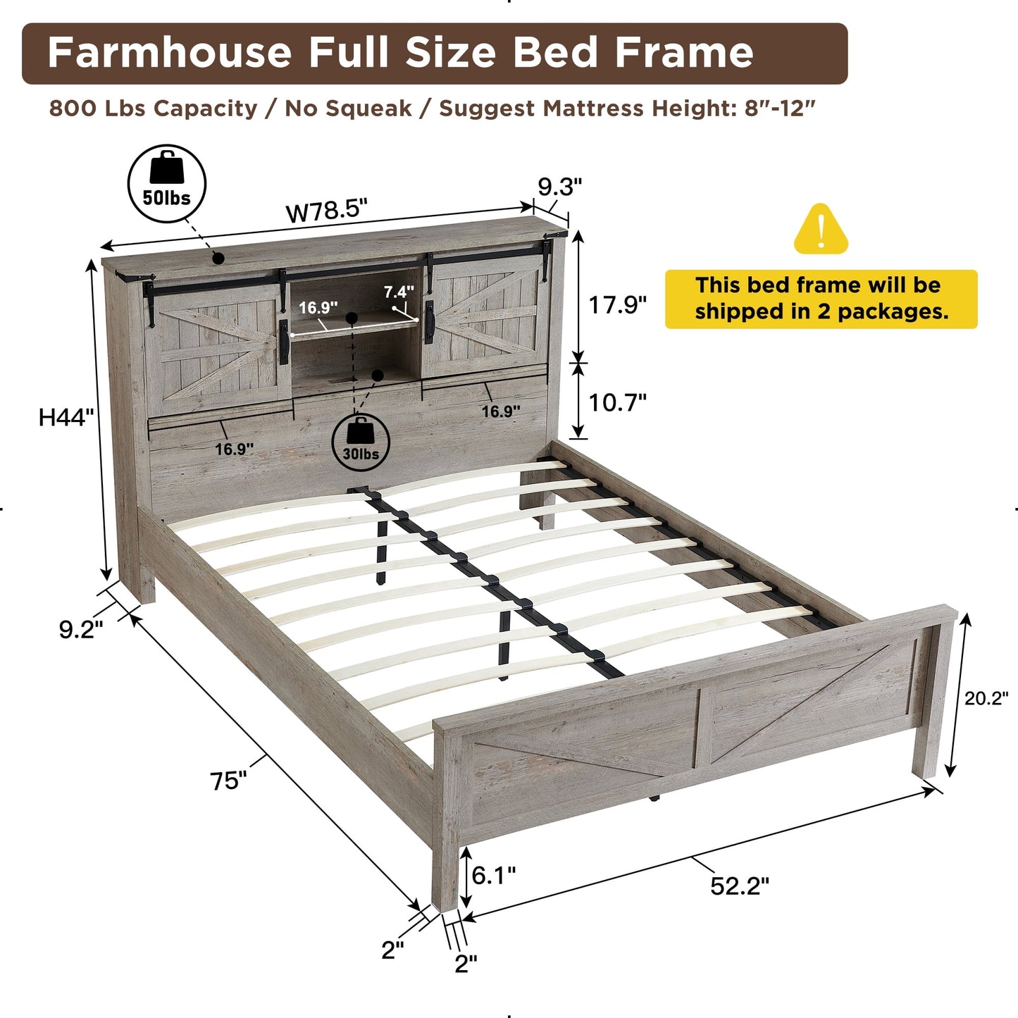 OKD Farmhouse Full Bed Frame, Wood Platform Bed with Bookcase Storage Headboard and Charging Station, No Box Spring Needed, Light Rustic Oak