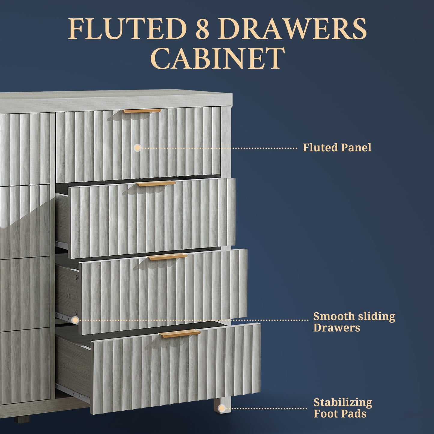 OAKHAM 8 Drawer Dresser, Fluted Wide Chest of Drawers for Bedroom Living Room, Pale Oak