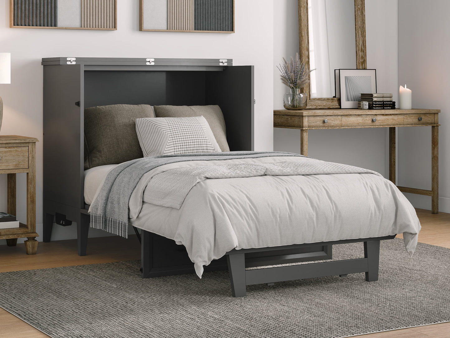 AFI Santa Fe Twin Wood Murphy Bed Chest with Mattress and Built-in Charger, Grey
